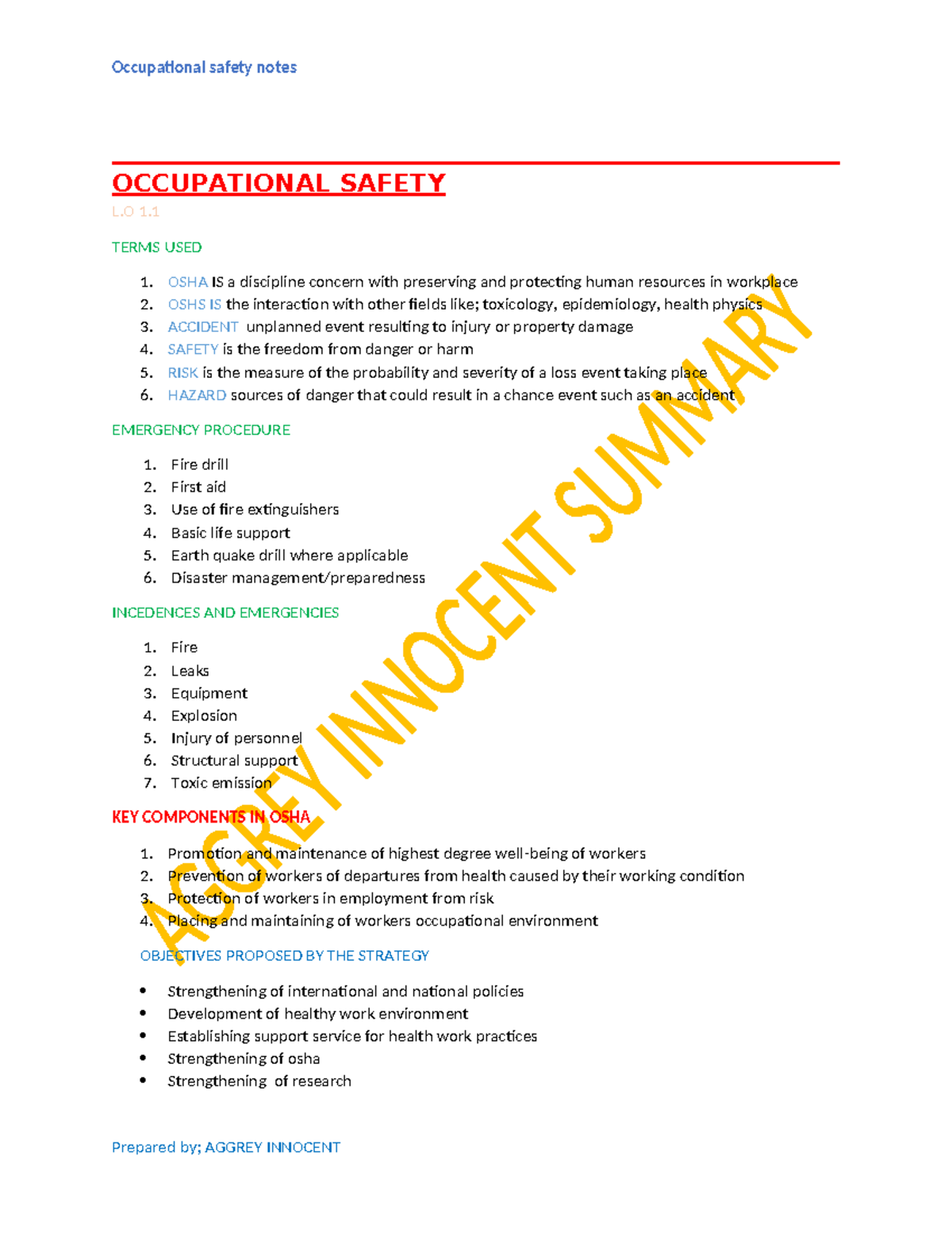 Occupational Safety Notes: Key Terms and Procedures (OS 124353) - Studocu