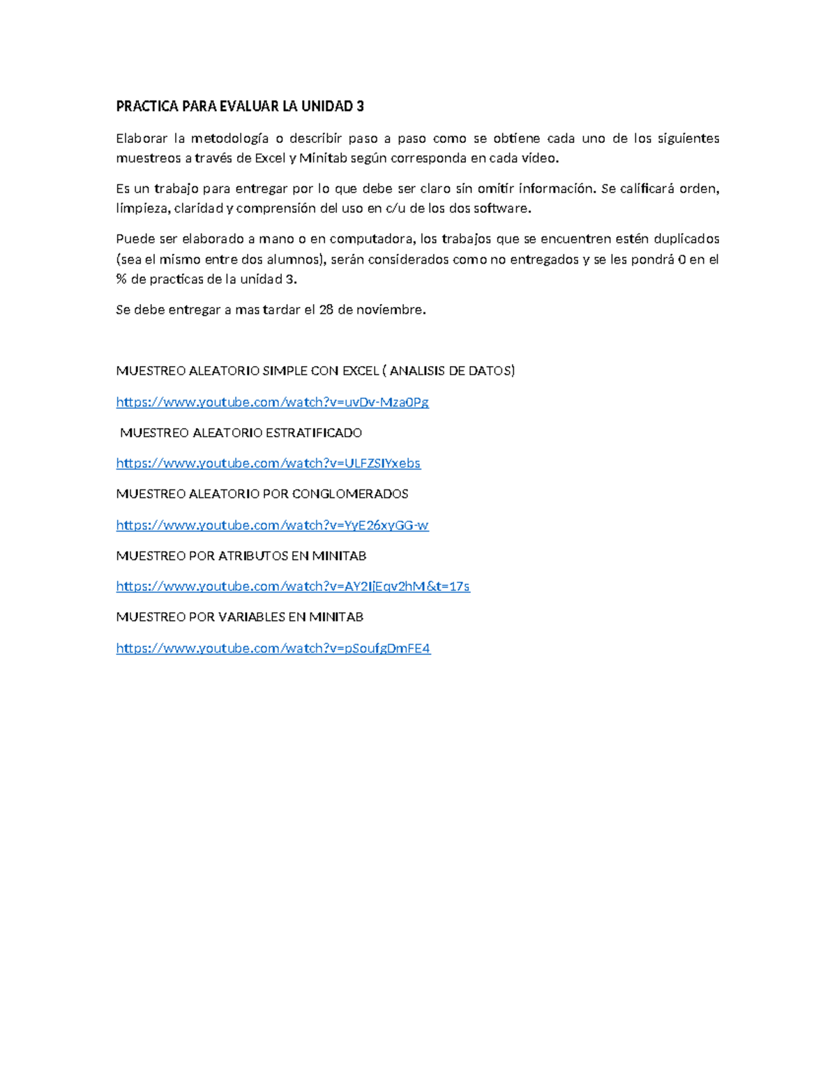 Práctica U3: Metodología de Muestreos con Excel y Minitab - Studocu