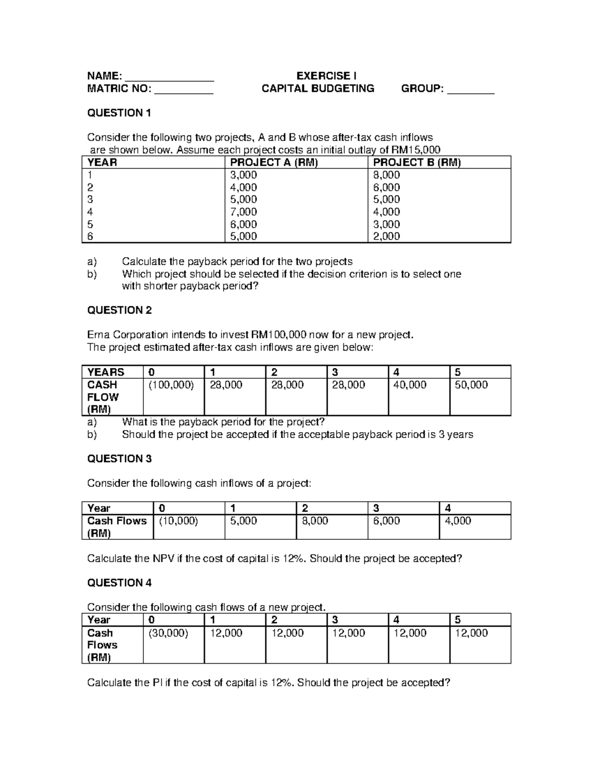 Exercise II: Capital Budgeting Practice Questions (Chapter 7) - Studocu
