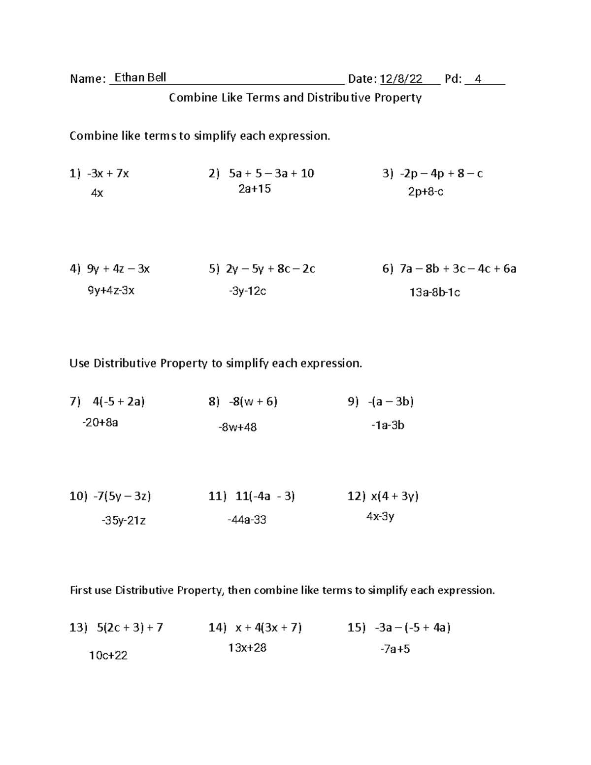 Math 101 - Combine Like Terms & Distributive Property Worksheet - Studocu