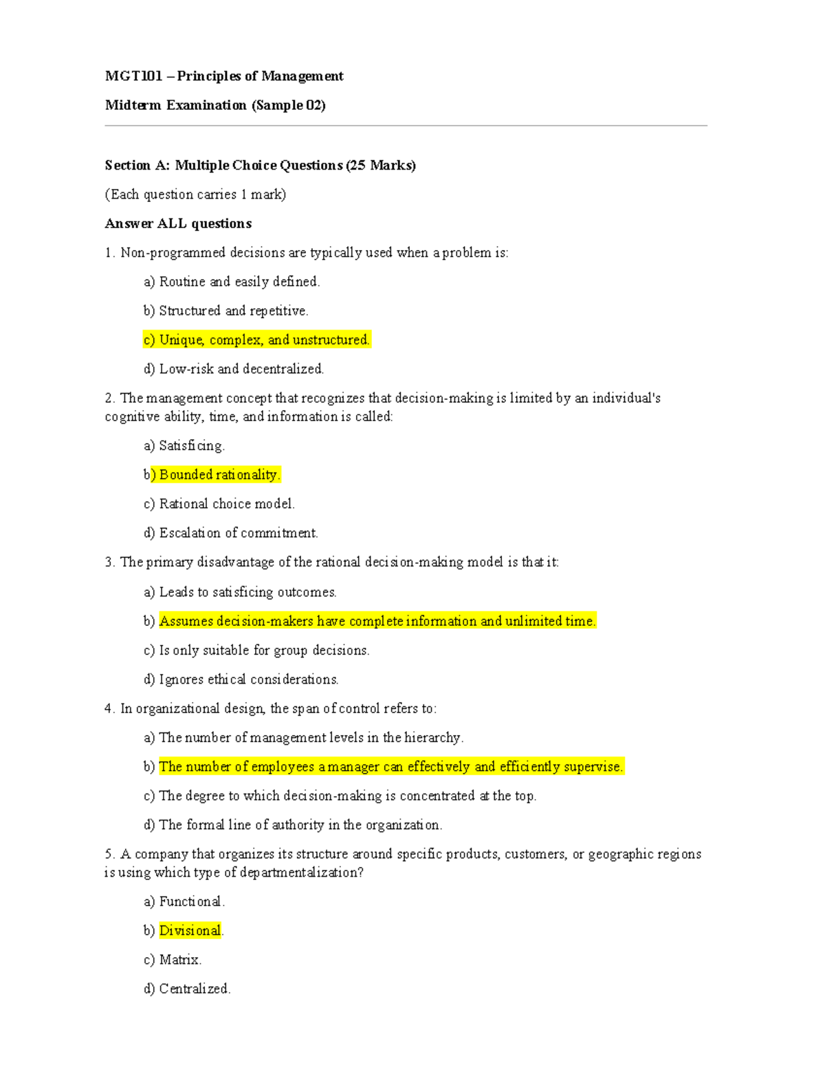 2025 MGT101 Principles of Management Midterm Exam Sample Questions ...
