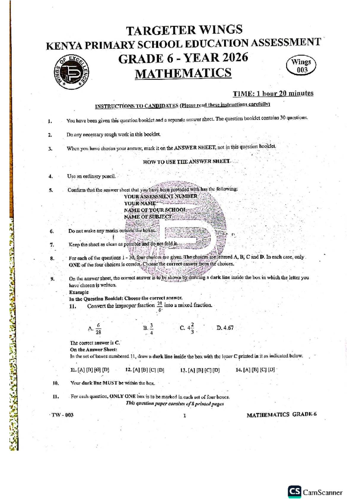 TARGETER WINGS: KENYA PRIMARY SCHOOL GRADE 6 MATHEMATICS ASSESSMENT ...