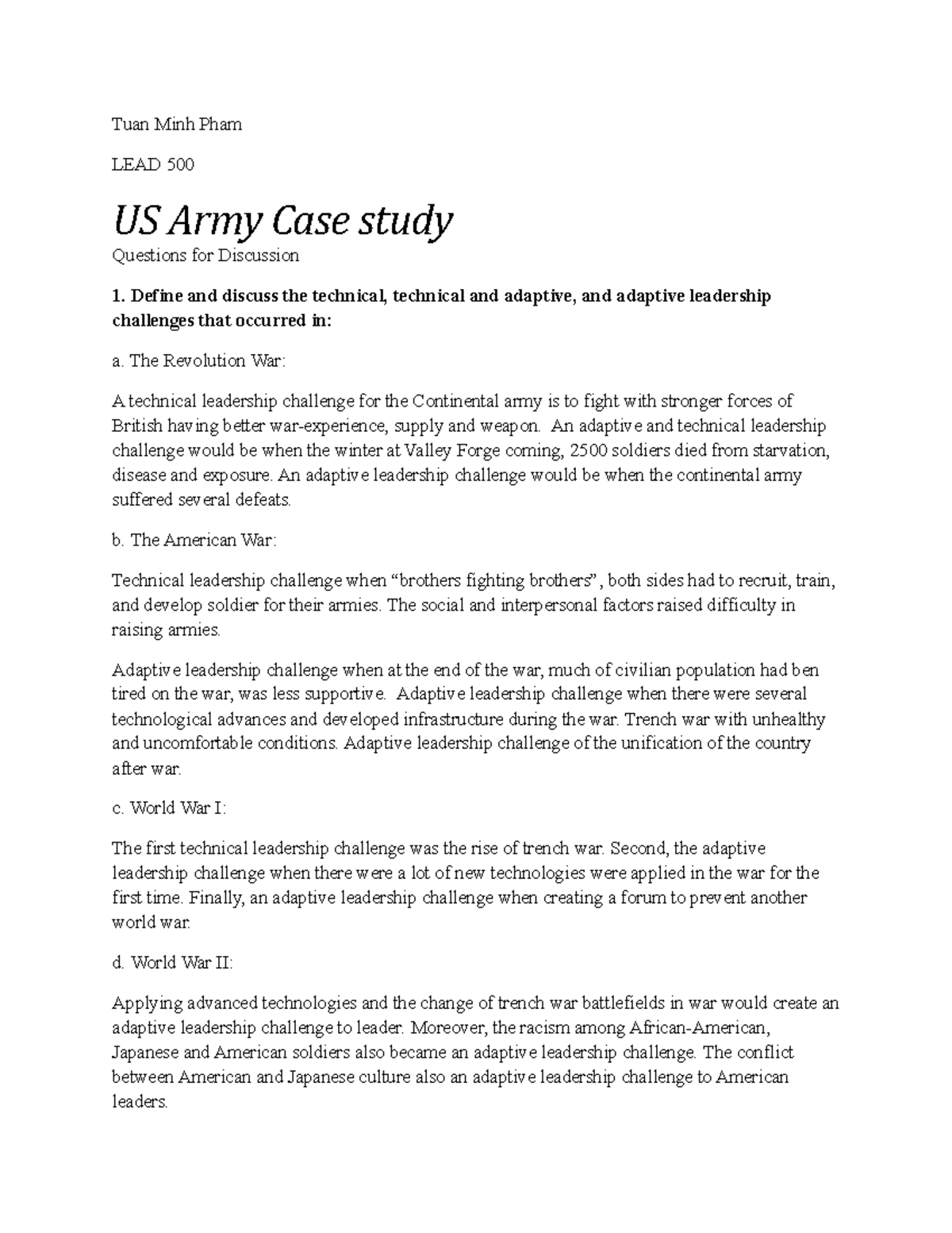 LEAD 500: Analyzing Leadership Challenges in US Army Case Study - Studocu