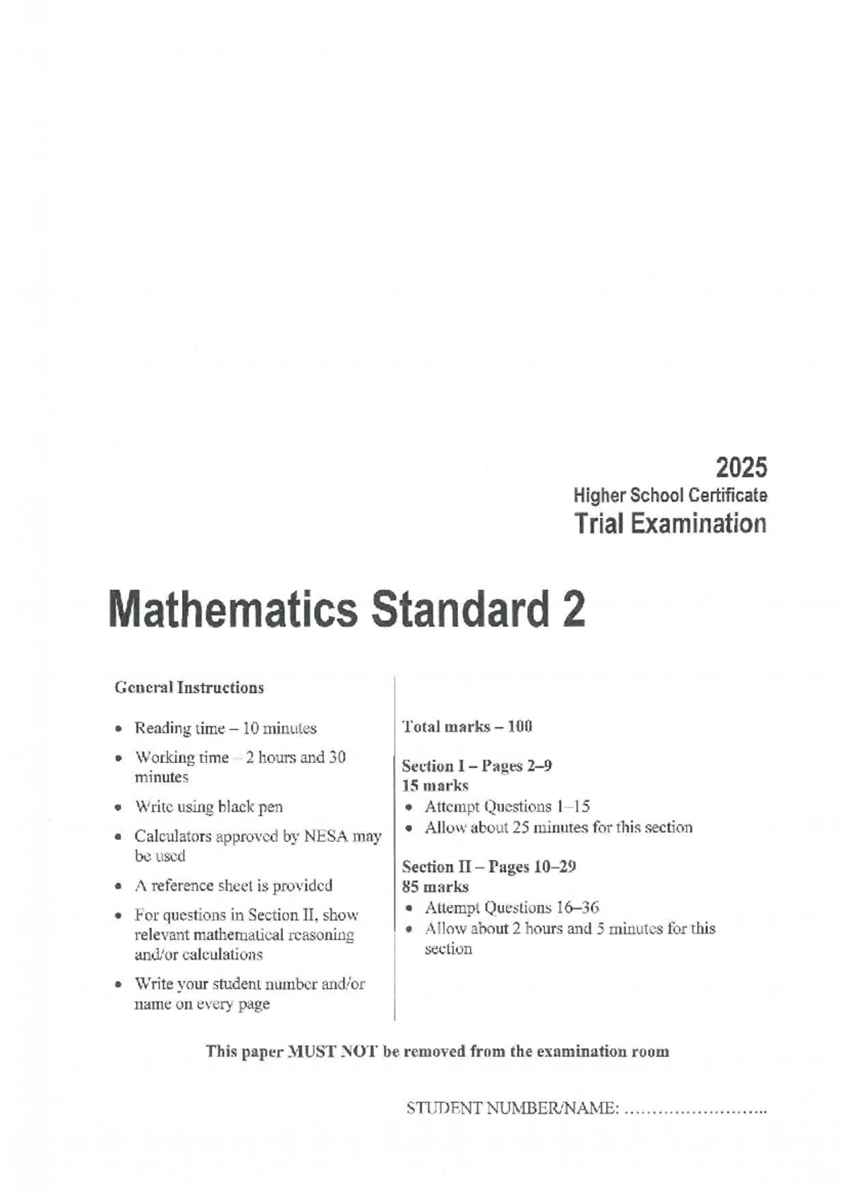 2025 HSC Trial Exam Mathematics Standard 2 - General Instructions - Studocu