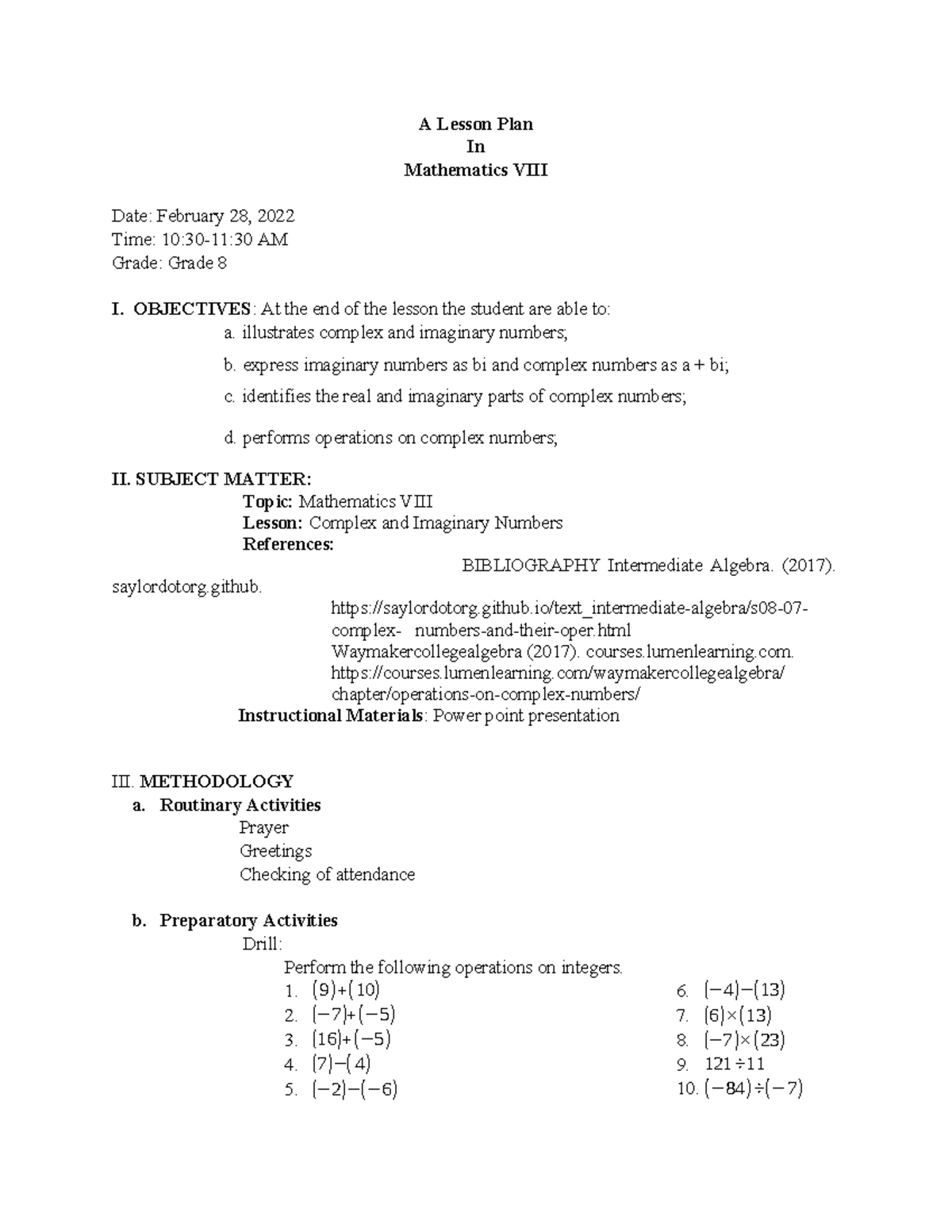 Math VIII Lesson Plan: Understanding Complex & Imaginary Numbers - Studocu