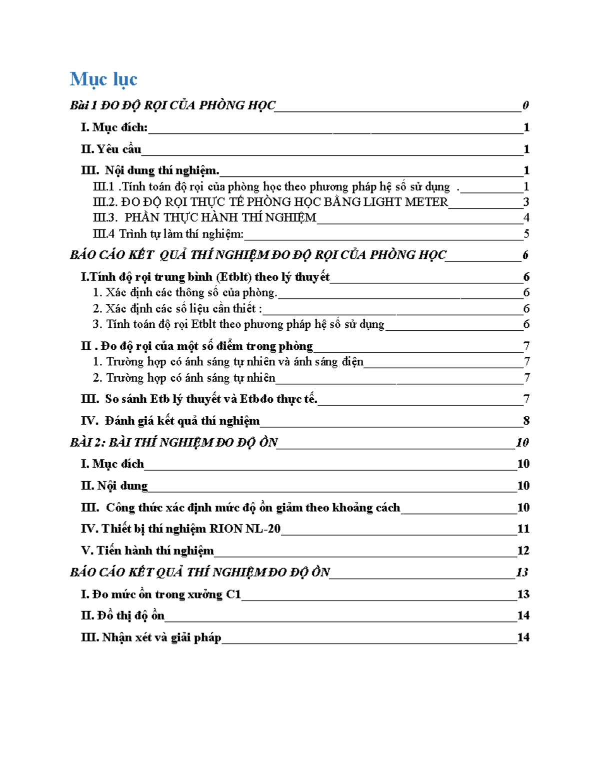 Bai 1 NEWThi nghiem Do do roi - Mục lục Bài 1 ĐO ĐỘ RỌI CỦA PHÒNG - Studocu