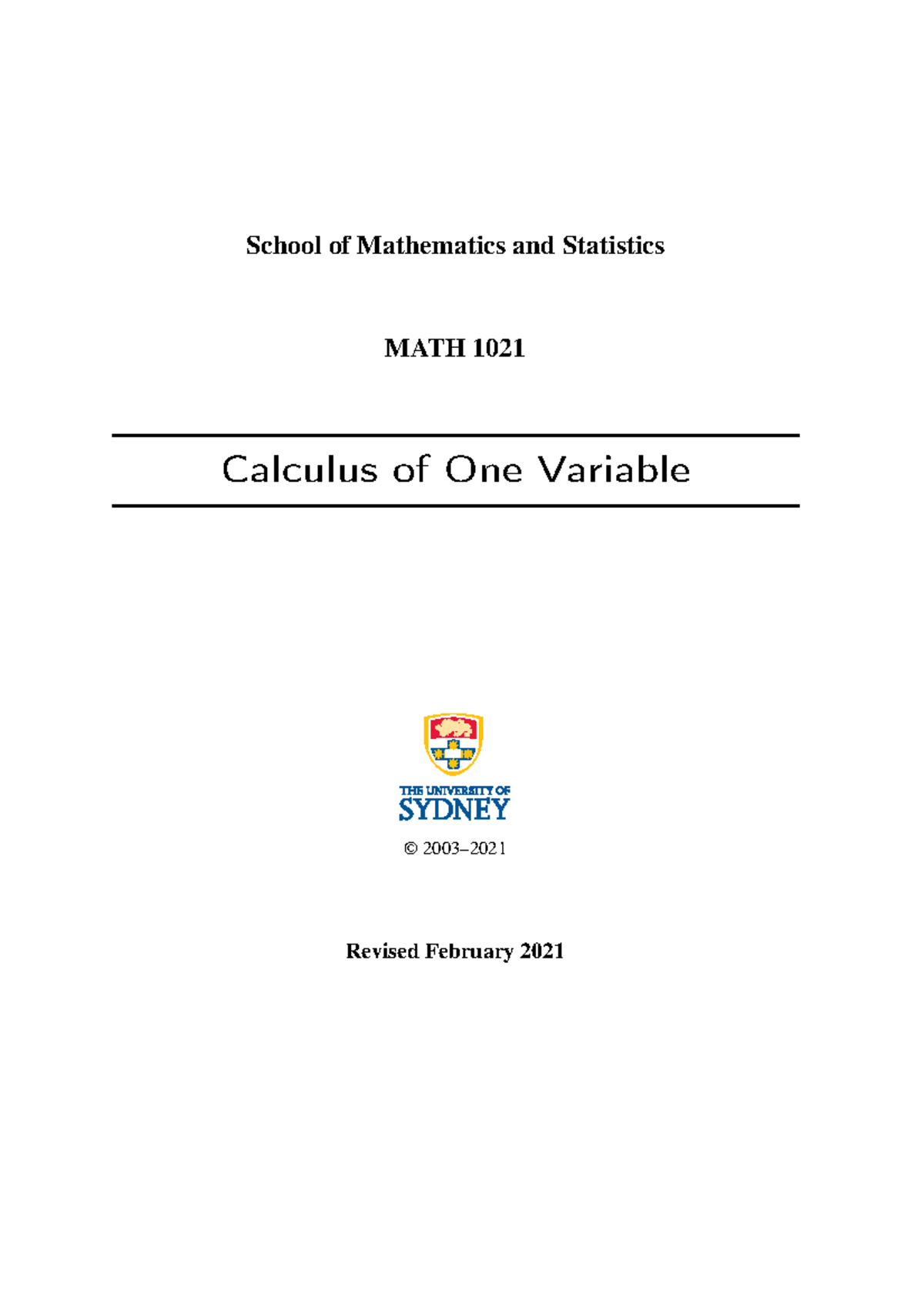 MATH 1021 Calculus of One Variable: Comprehensive Revision Notes - Studocu