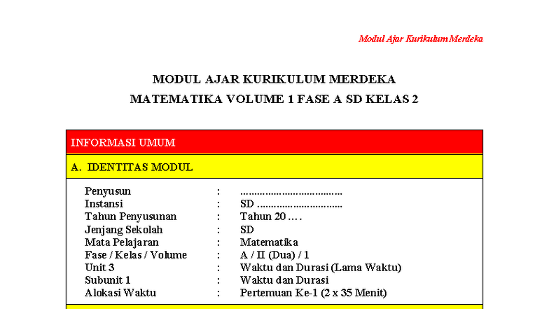 Modul Ajar Kurikulum Merdeka: Matematika Volume 1 Fase A SD Kelas 2 ...