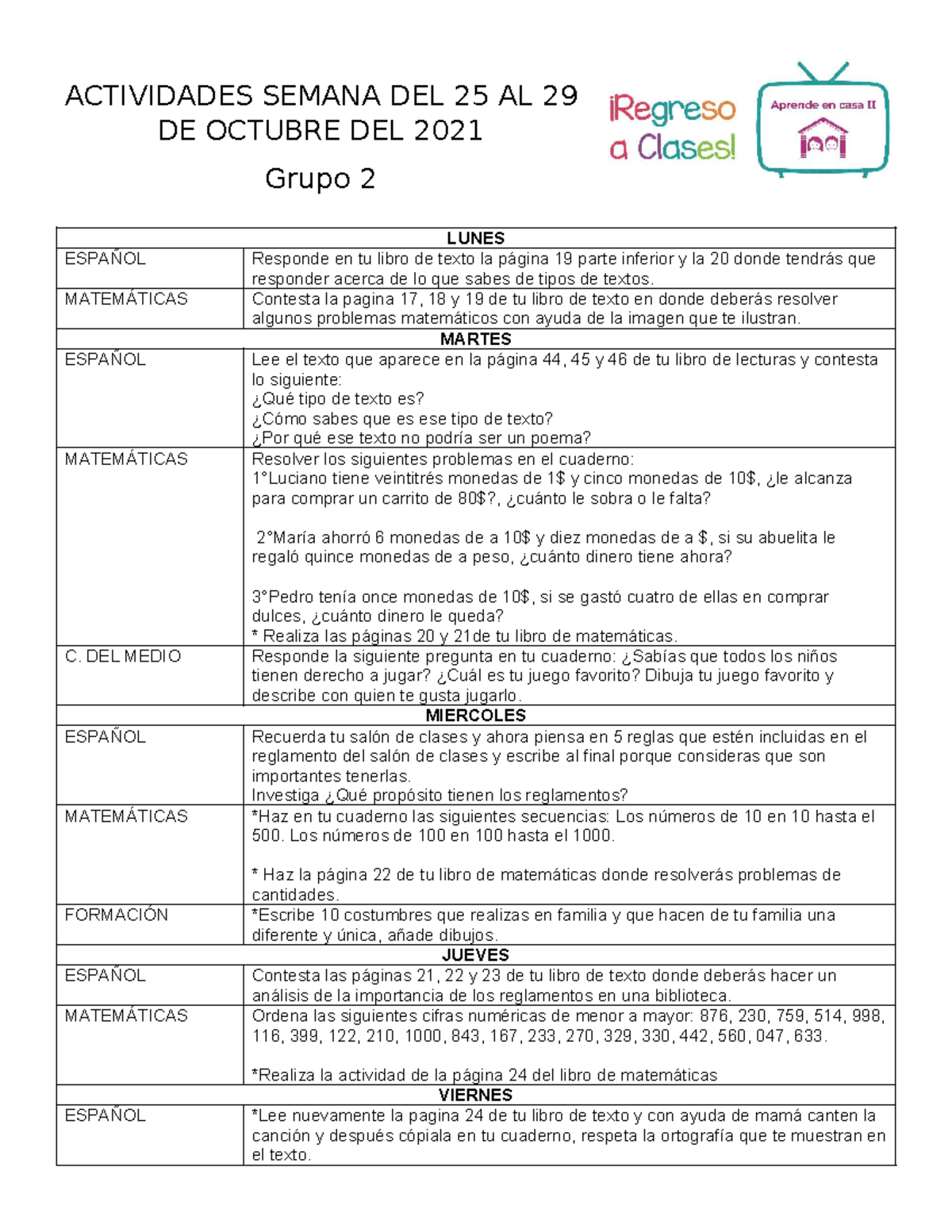 Actividades de la Semana del 25 al 29 de Octubre 2021 - Grupo 2 - Studocu