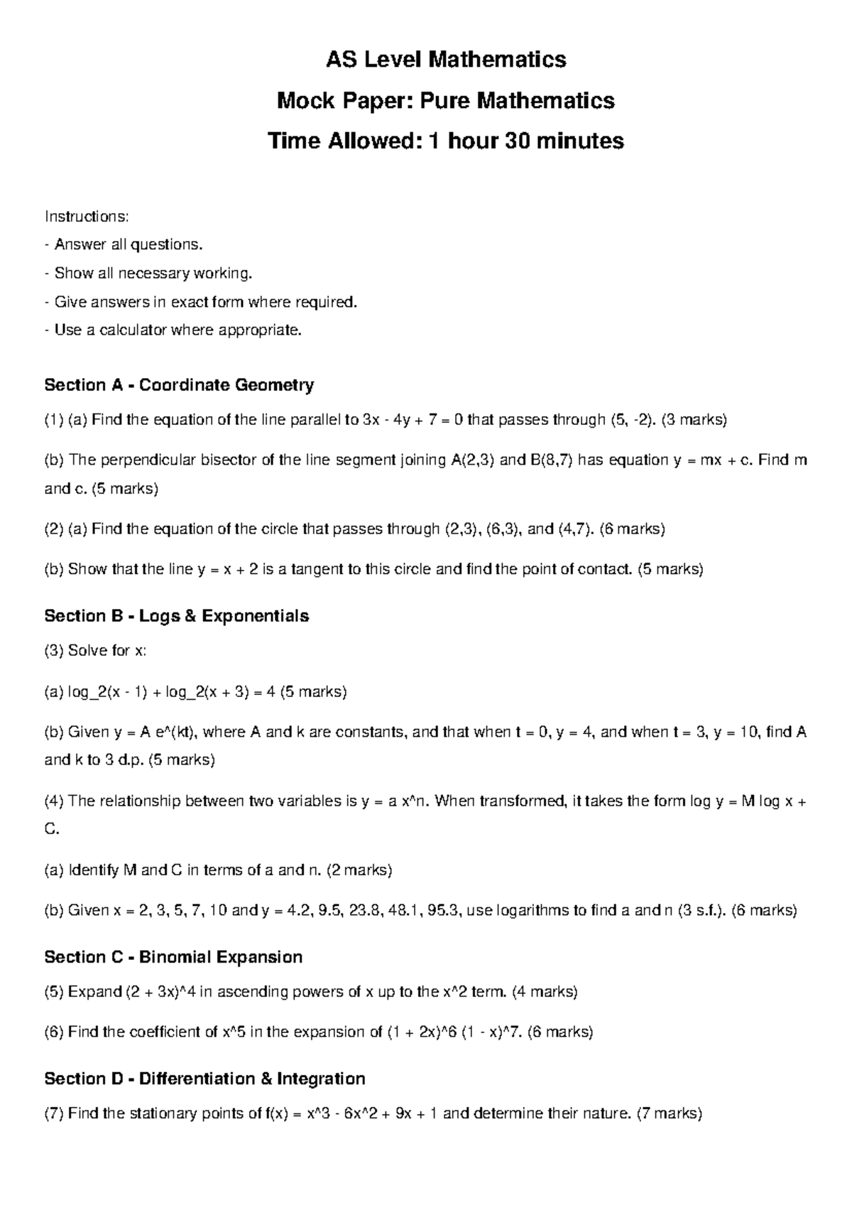 AS Level Maths Mock Exam: Pure Mathematics Practice Paper - Studocu