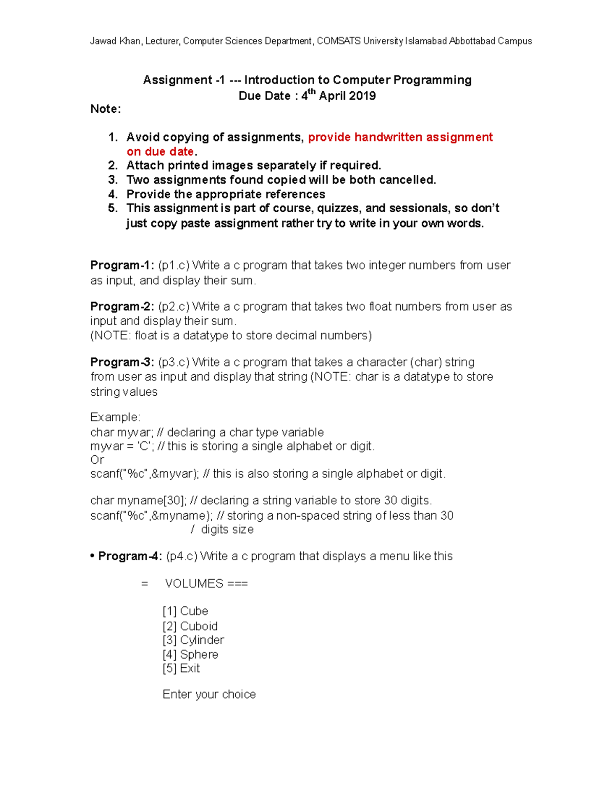 Exam assignment 1 - Jawad Khan, Lecturer, Computer Sciences Department ...