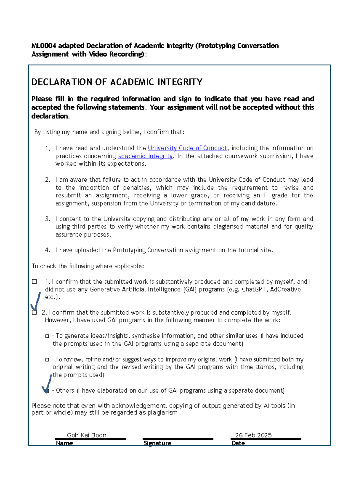 Declaration of Academic Integrity for Prototyping Conversation ...