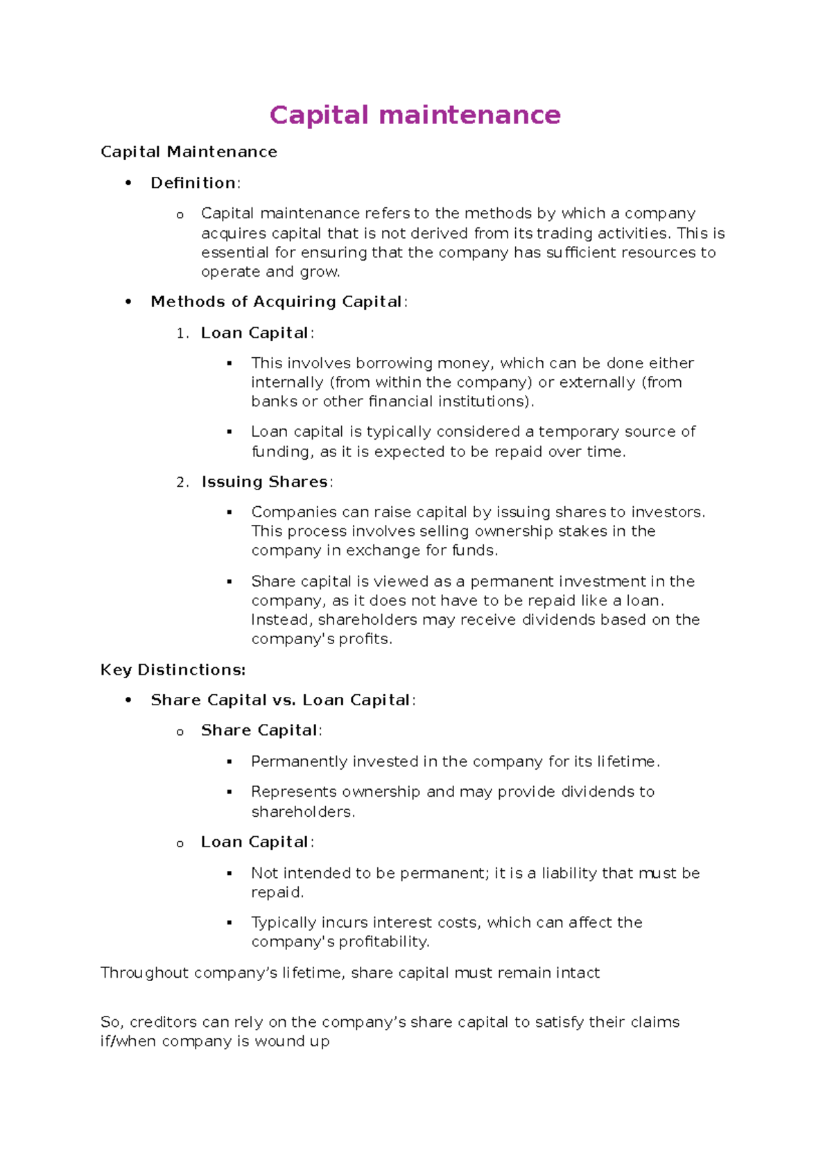 Capital Maintenance: Key Concepts and Methods (BUS 301) - Studocu