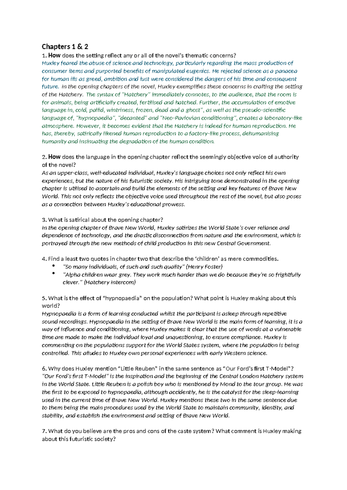 Brave New World (ENG 101) Study Guide Analysis of Chapters 1 & 2 Studocu