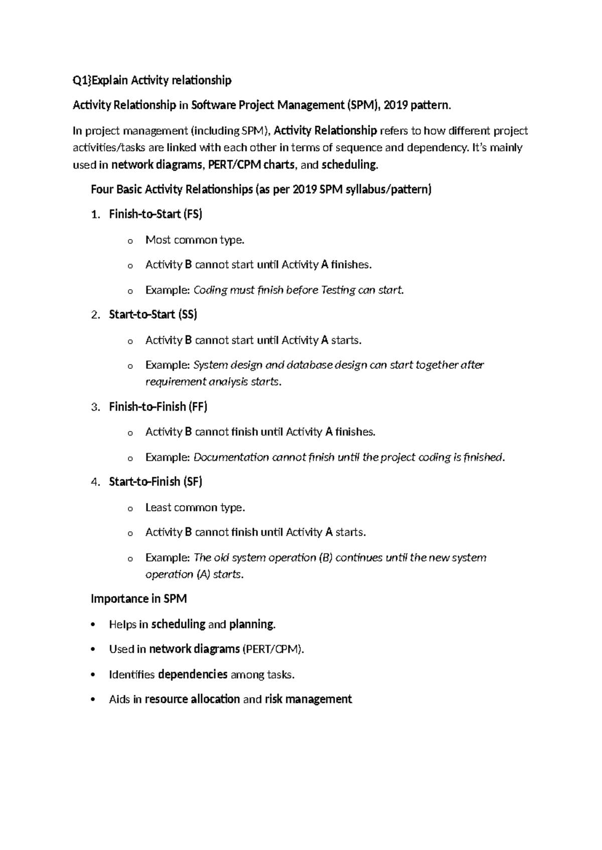 Activity Relationships and Planning in Software Project Management (SPM ...