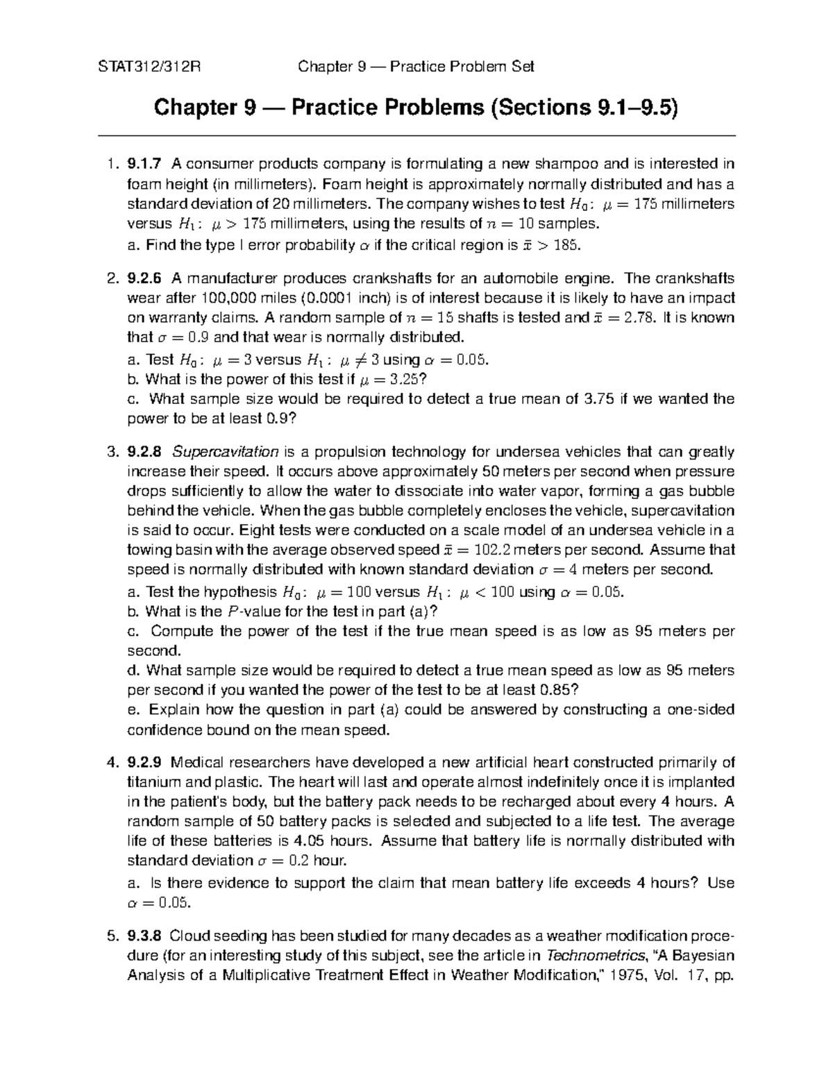 Chapter 9 Practice Problem Set: Statistical Hypothesis Testing - Studocu