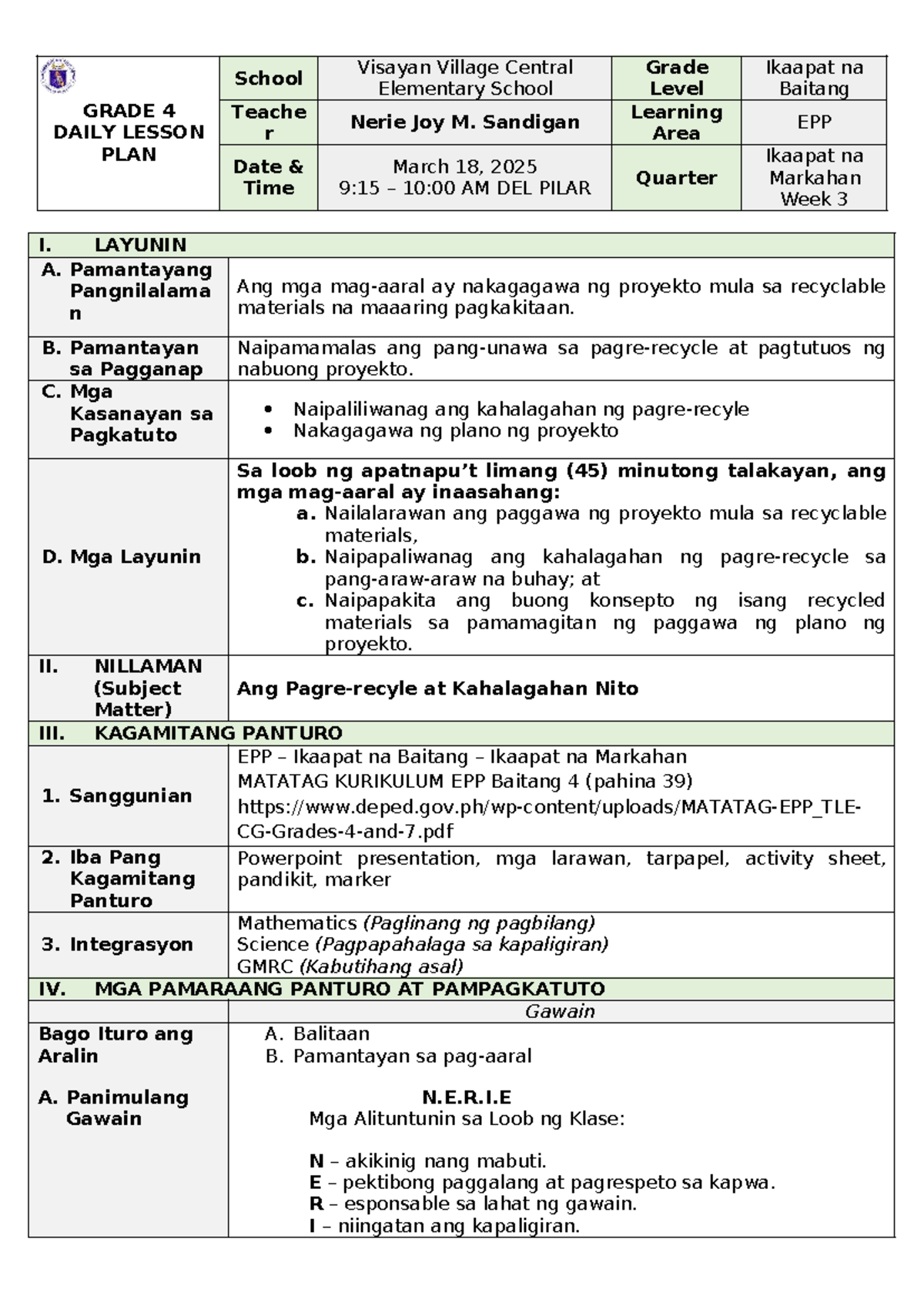 Grade 4 EPP Lesson Plan: Project on Recyclable Materials - Studocu