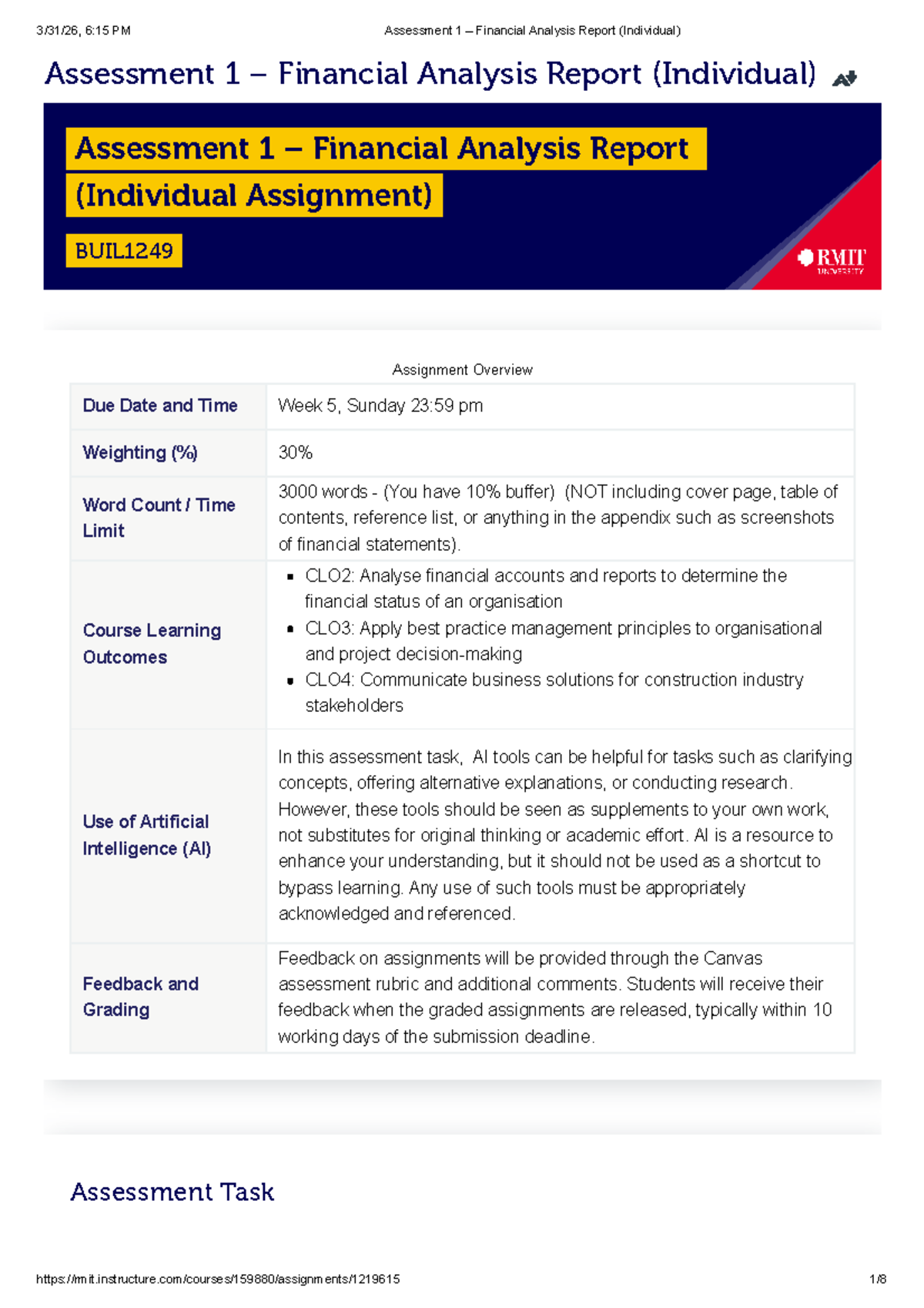 BUIL1249 Assessment 1: Financial Analysis Report (Individual) - Studocu