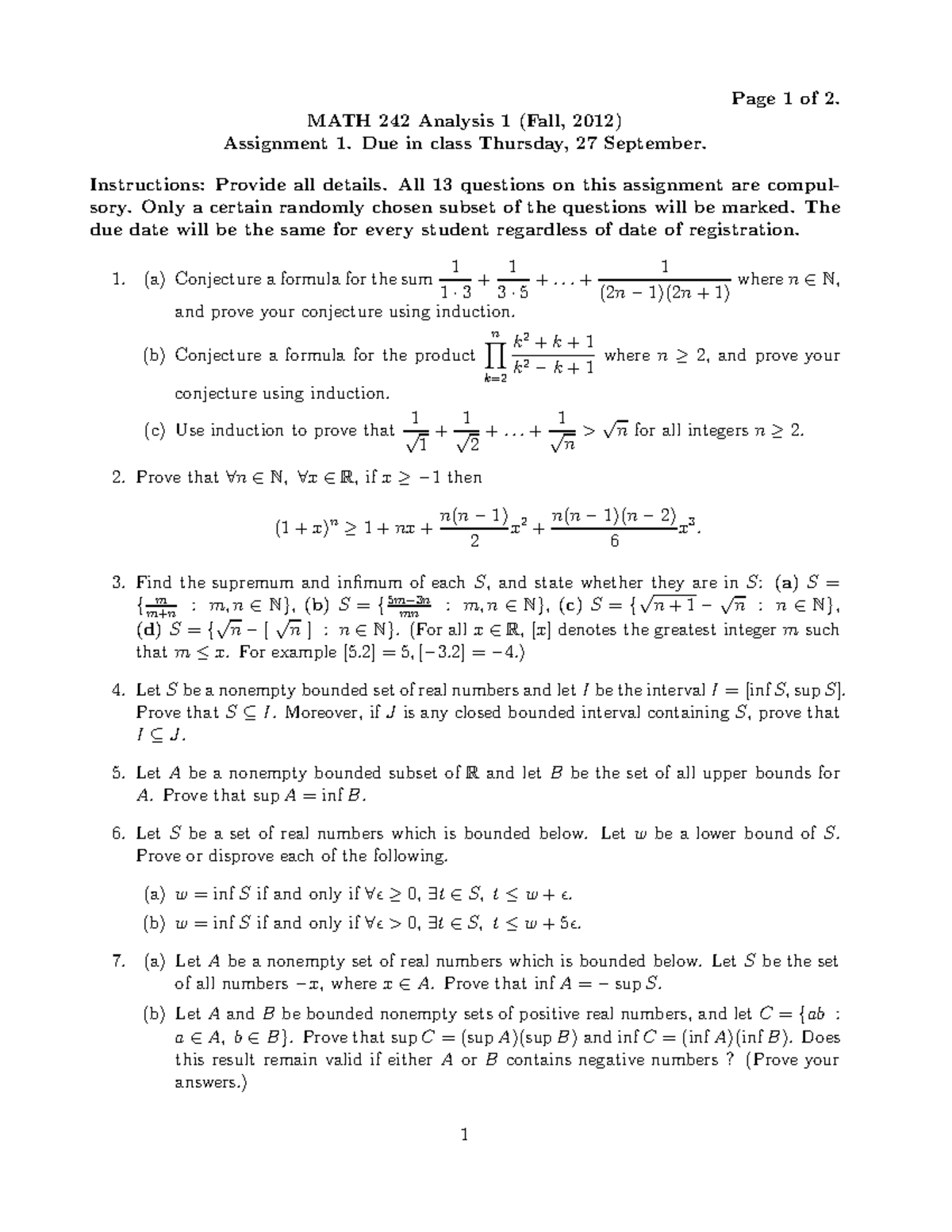 Math 242 Assignment 1 - Analysis Questions and Proofs (Fall 2012) - Studocu