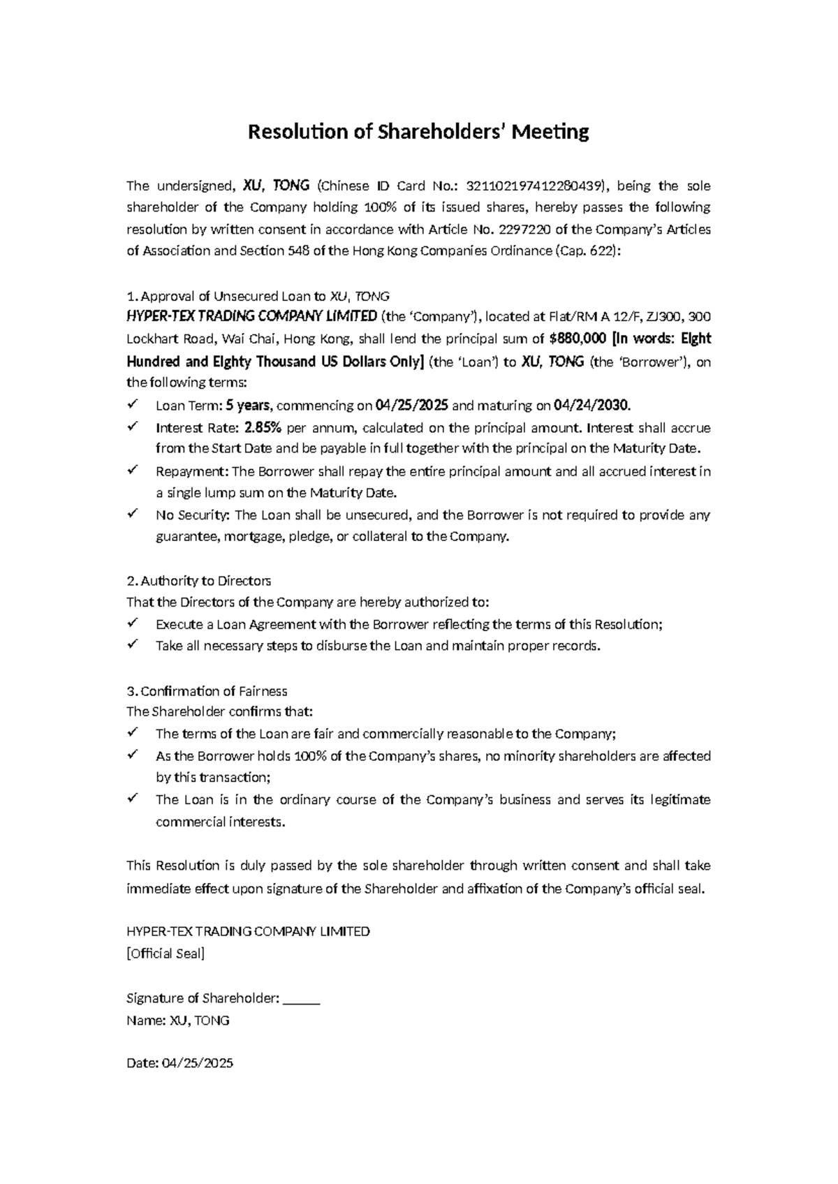 Shareholders Meeting Resolution - Approval of Unsecured Loan to XU, 1 ...