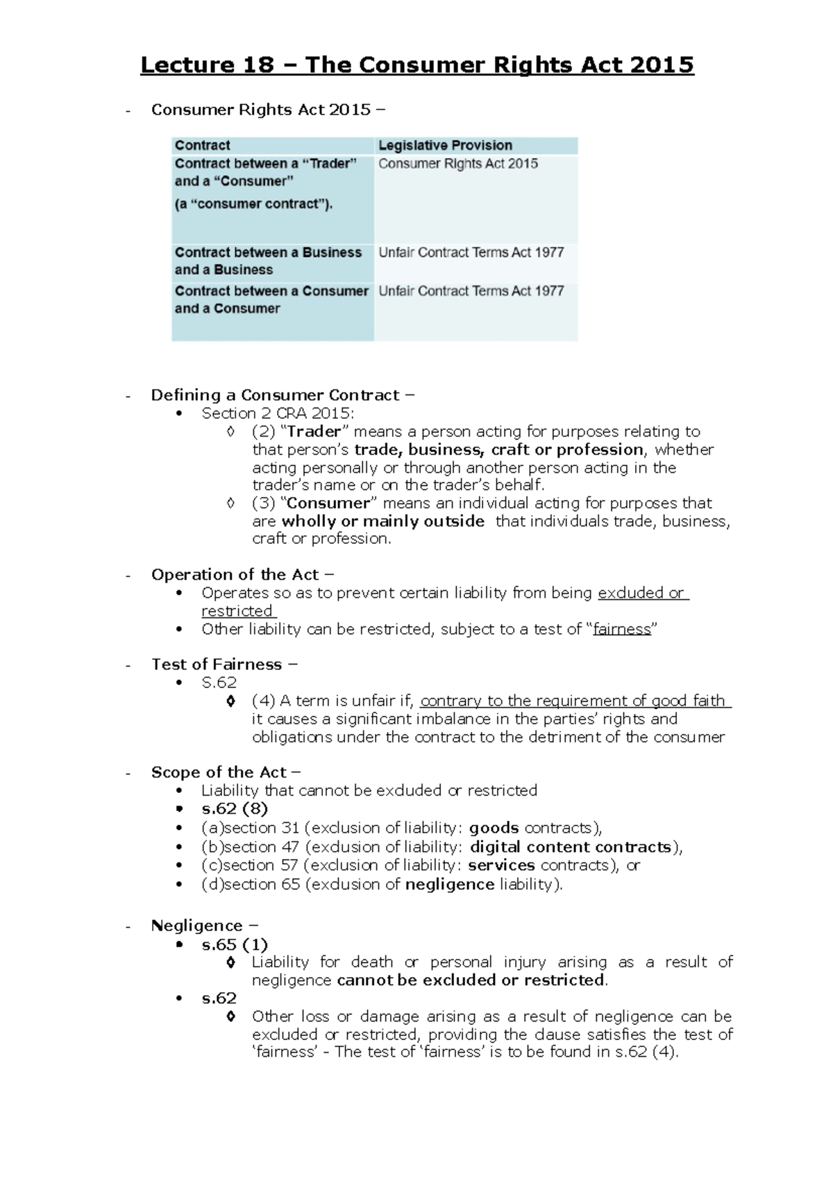 Lecture 18 - CRA 2015 - Lecture 18 – The Consumer Rights Act 2015 ...