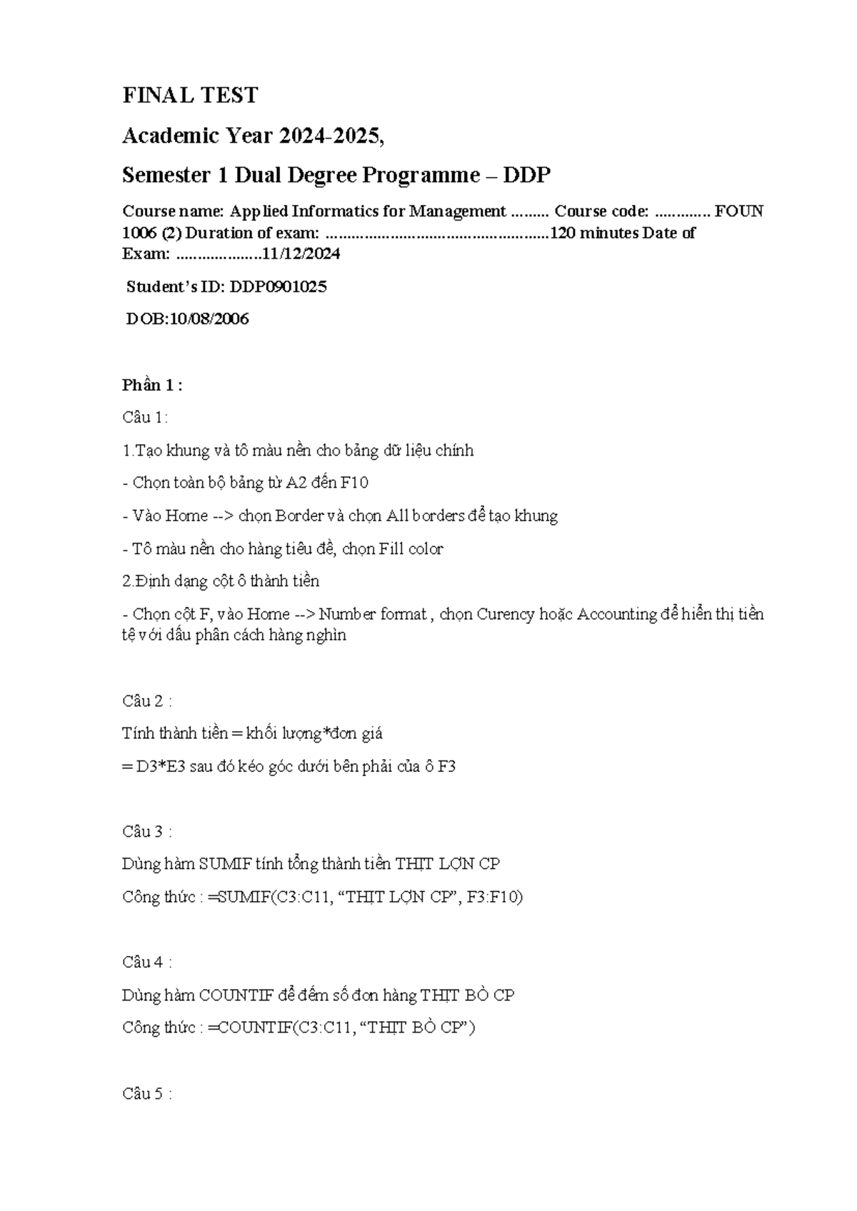 FINAL TEST FOUN 1006: Applied Informatics for Management - Studocu