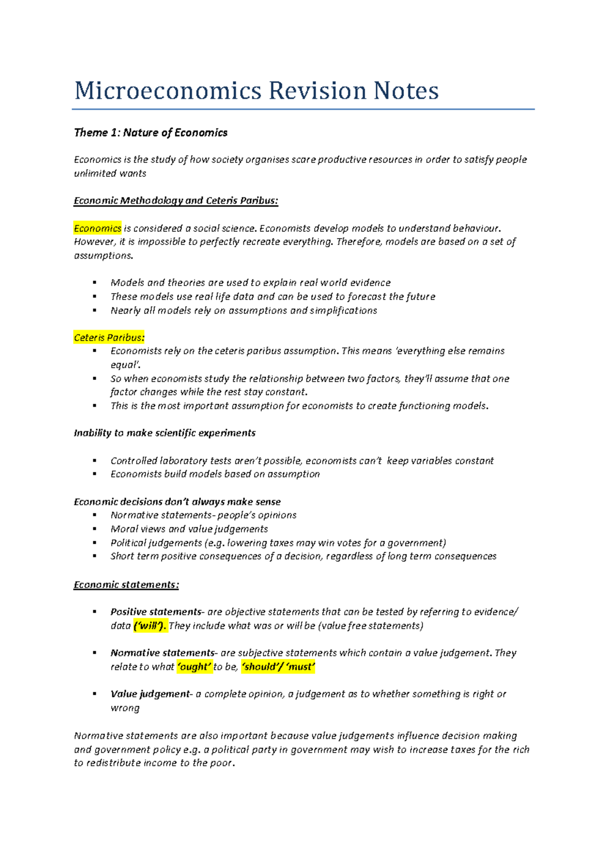 Microeconomics Revision Notes: Theme 1 - Nature of Economics - Studocu