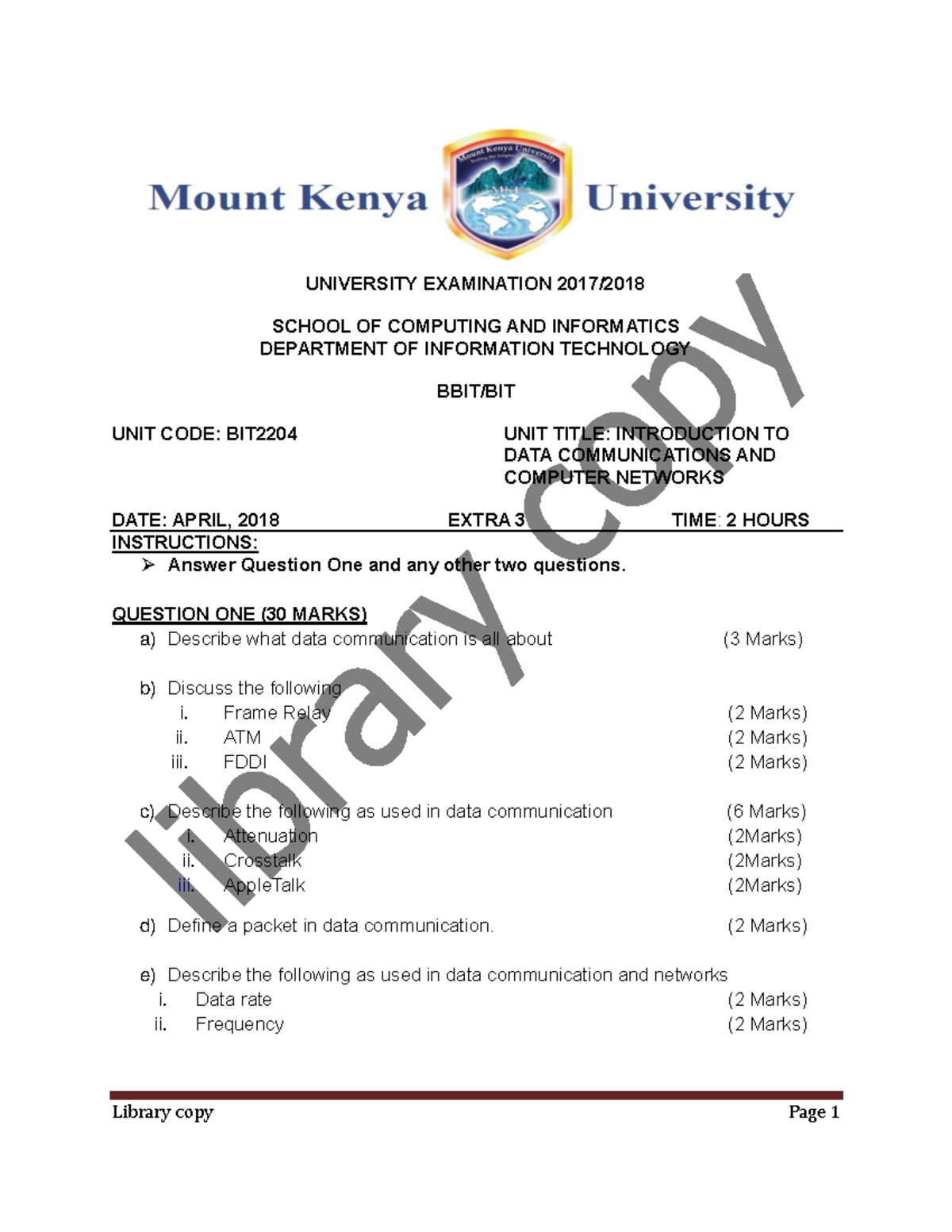 BIT2204 Final Exam: Introduction to Data Communications & Networks ...