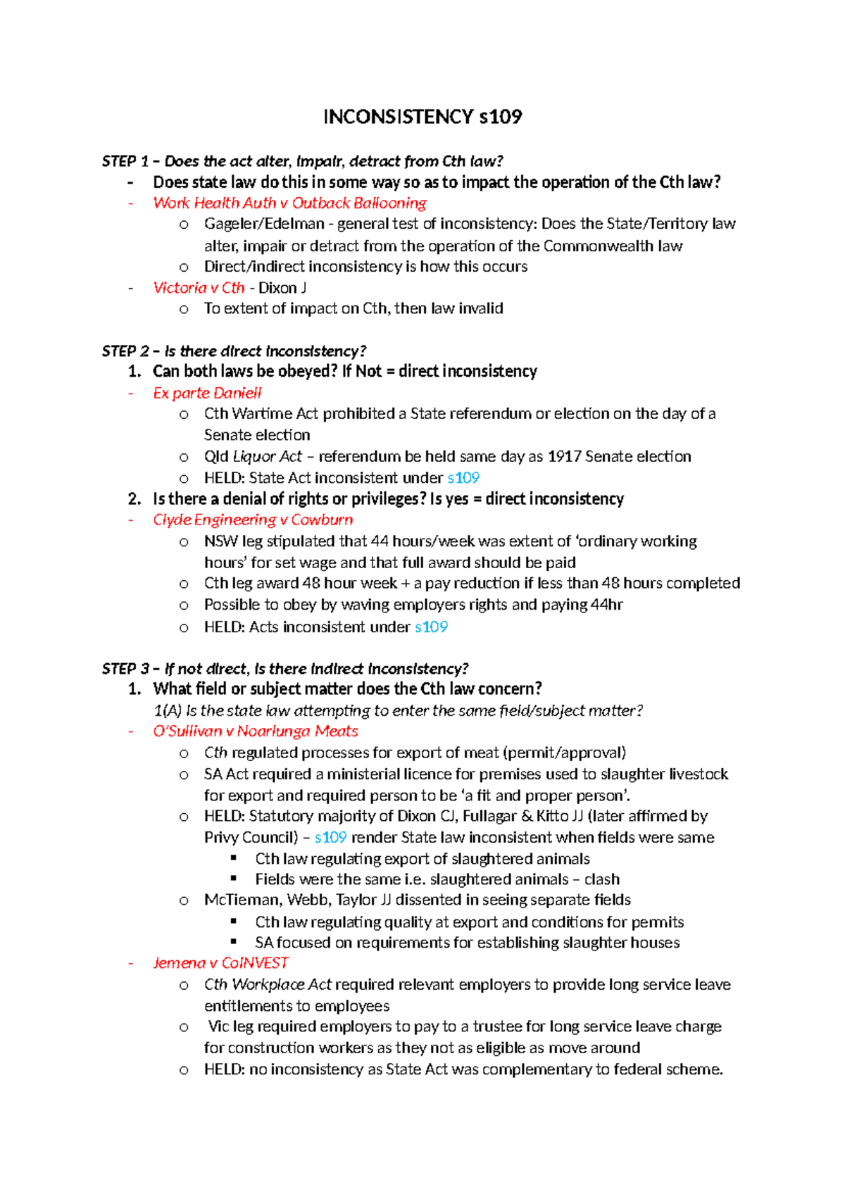 Inconsistency s109: Exam Notes on Commonwealth vs State Law - Studocu