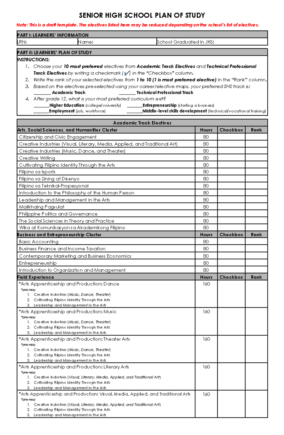 SHS Plan of Study Template: Elective Selection Guide - Studocu