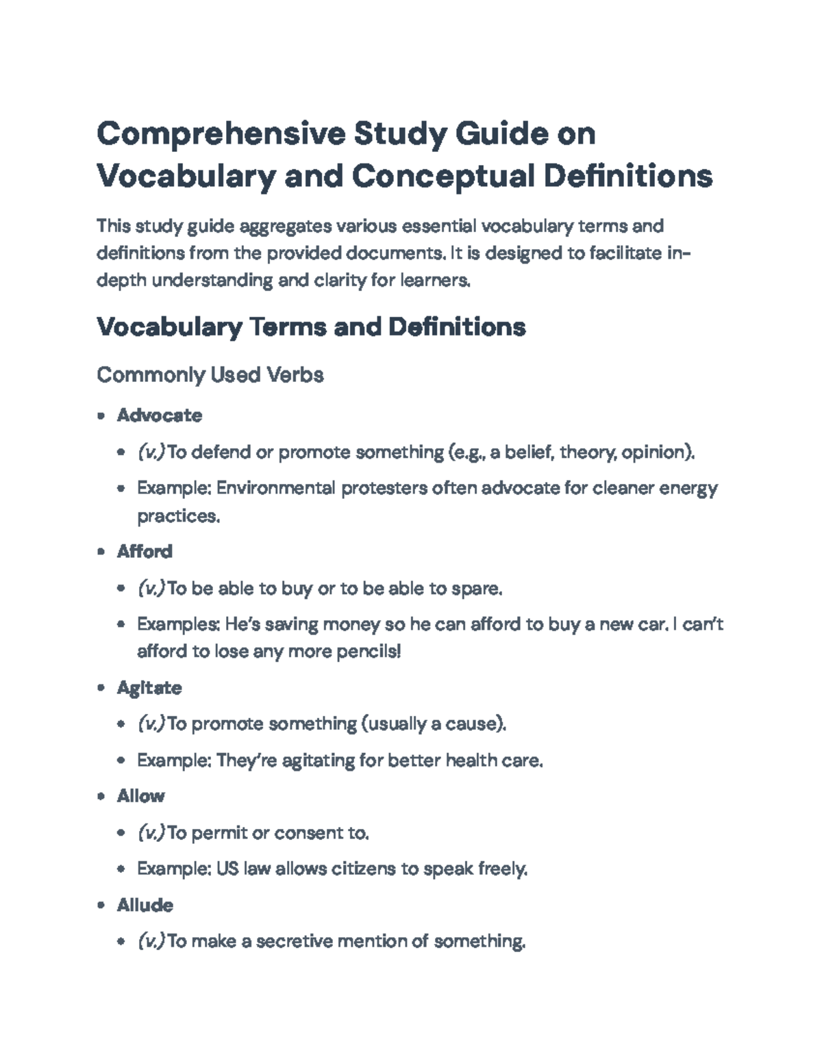 Vocabulary Terms and Definitions Study Guide for Language Proficiency ...
