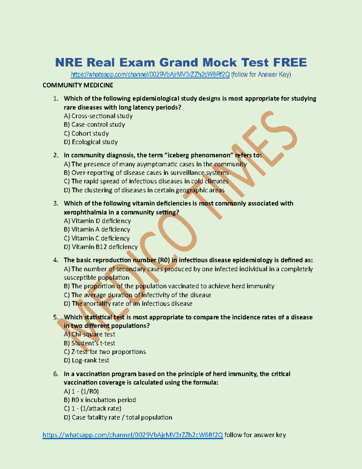 NRE Community Medicine Final Exam Mock Test with Answer Key - Studocu