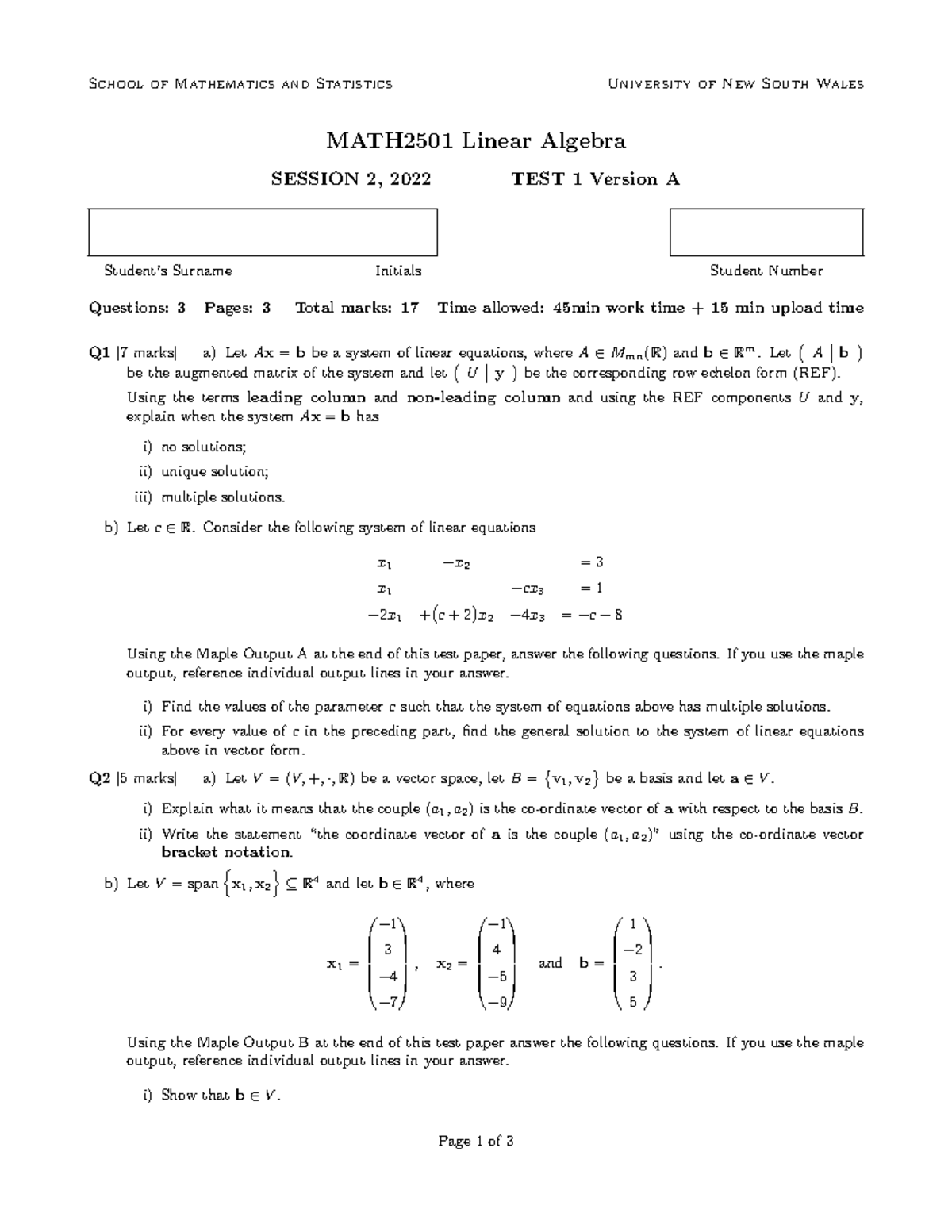 MATH2501 Class Test 1 - Linear Algebra Concepts and Solutions - Studocu