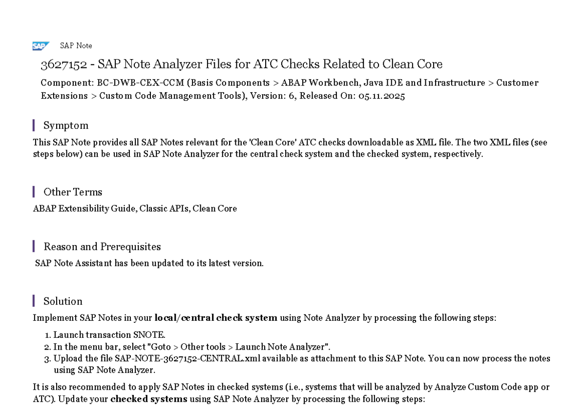 3627152 SAP Note Analyzer for ATC Checks on Clean Core Components - Studocu