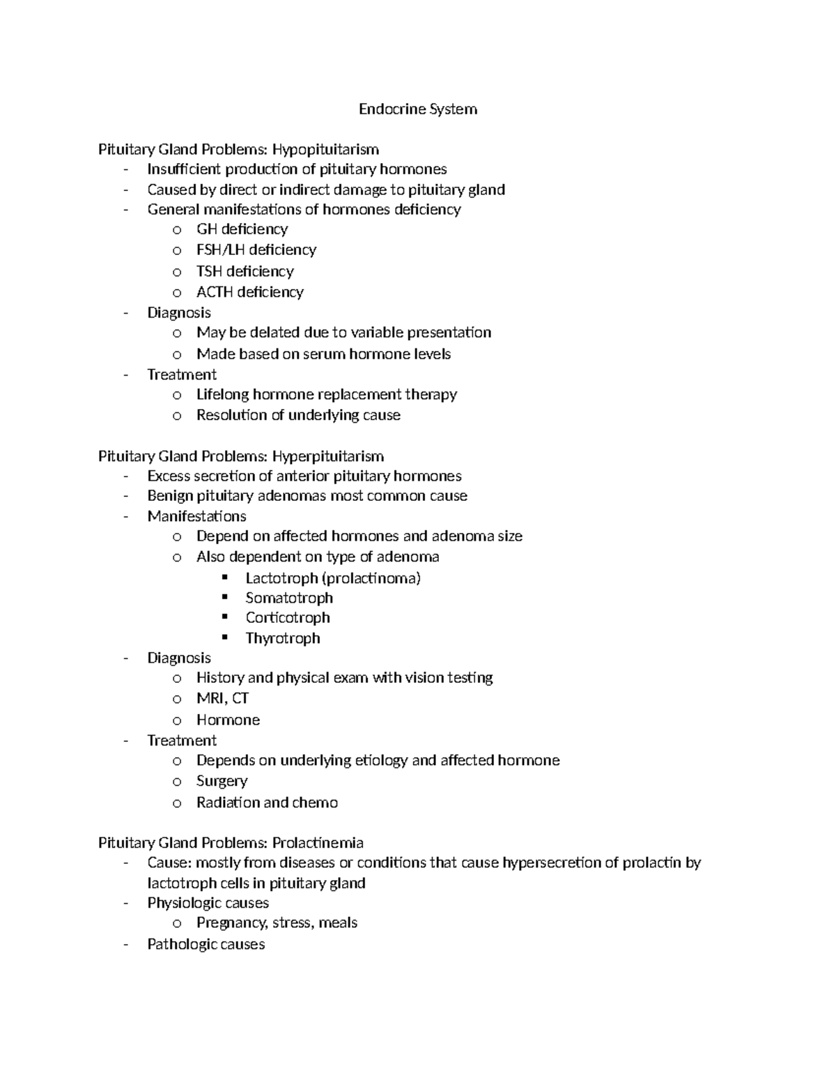 Endocrine System Lecture Notes: Pituitary Gland Disorders and ...