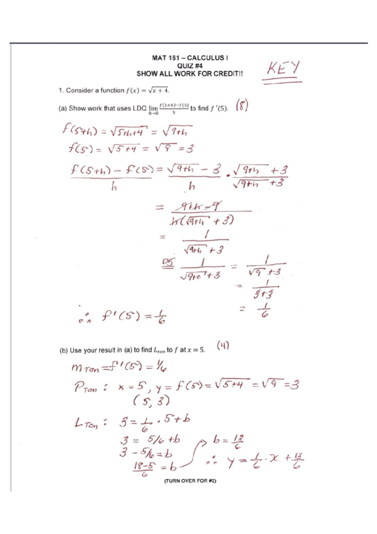 MAT 161 CALCULUS I QUIZ KEY - SHOW ALL WORK FOR CREDIT - Studocu