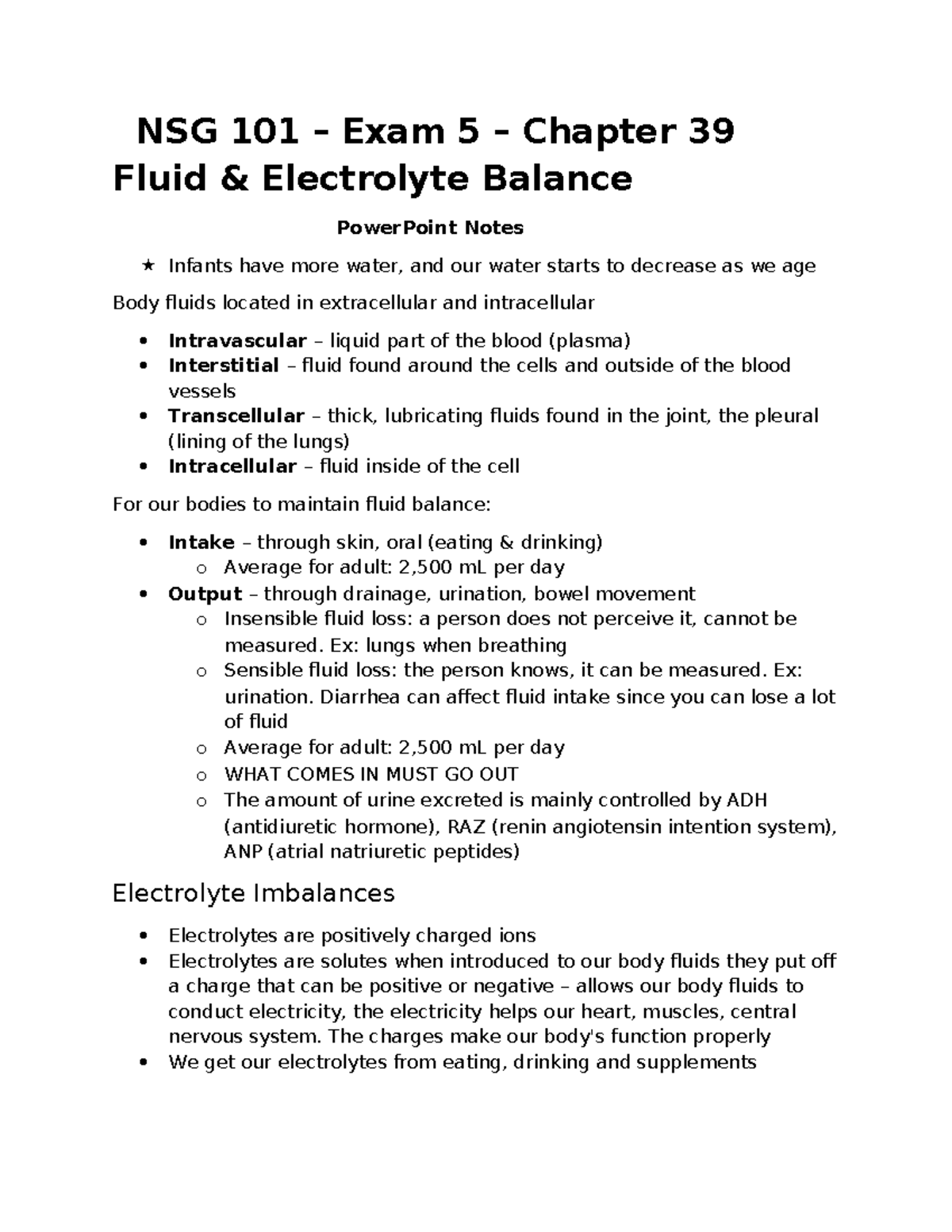 NSG 101 - Exam 5 - Chapter 39: Fluid & Electrolyte Balance Notes - Studocu