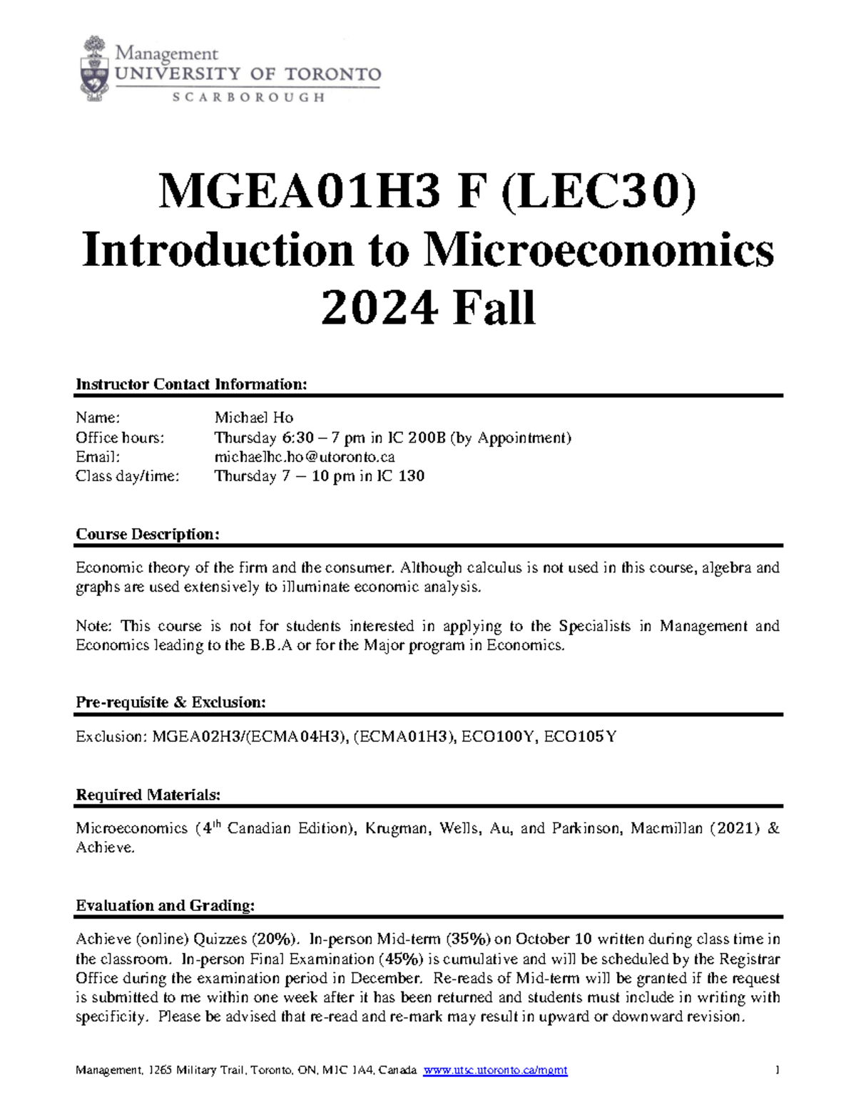 MGEA01H3 Introduction to Microeconomics Course Outline 2024 Fall - Studocu
