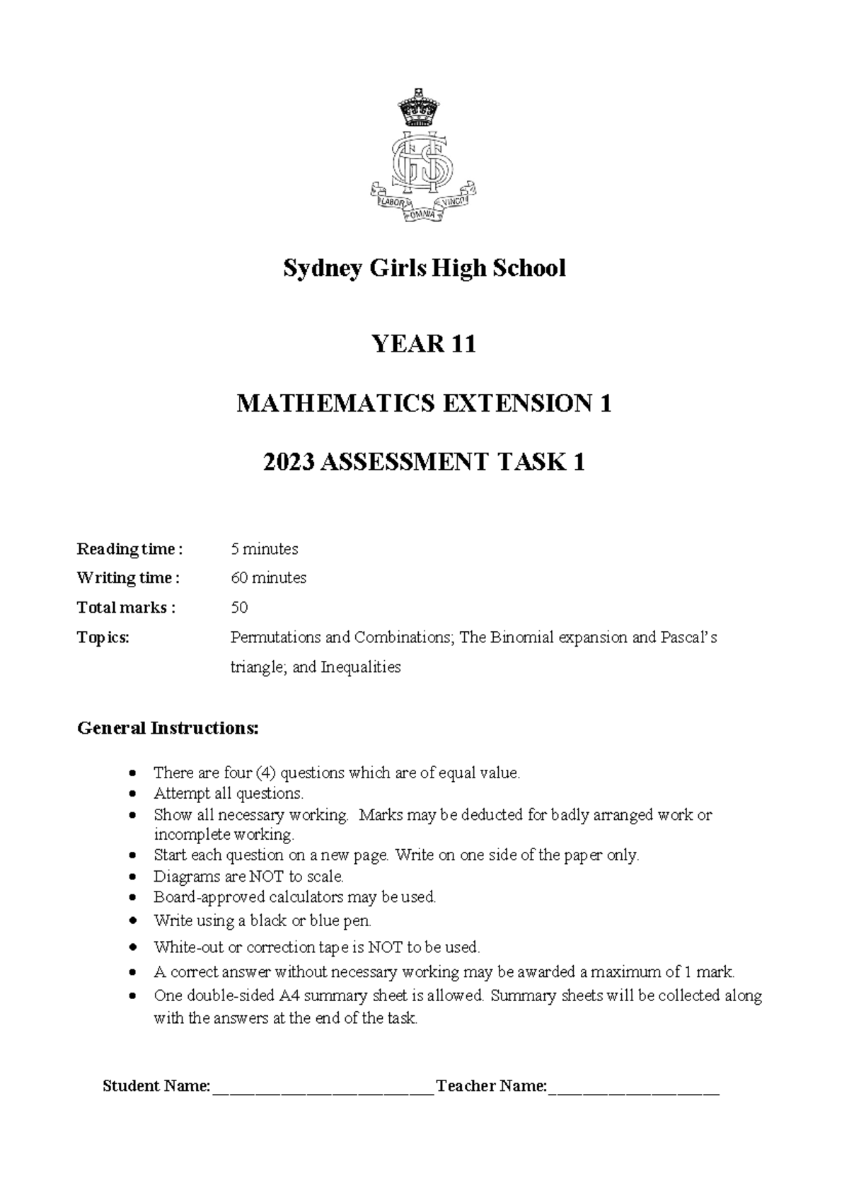 2023 Year 11 Mathematics Extension 1 Assessment Task 1 - Studocu