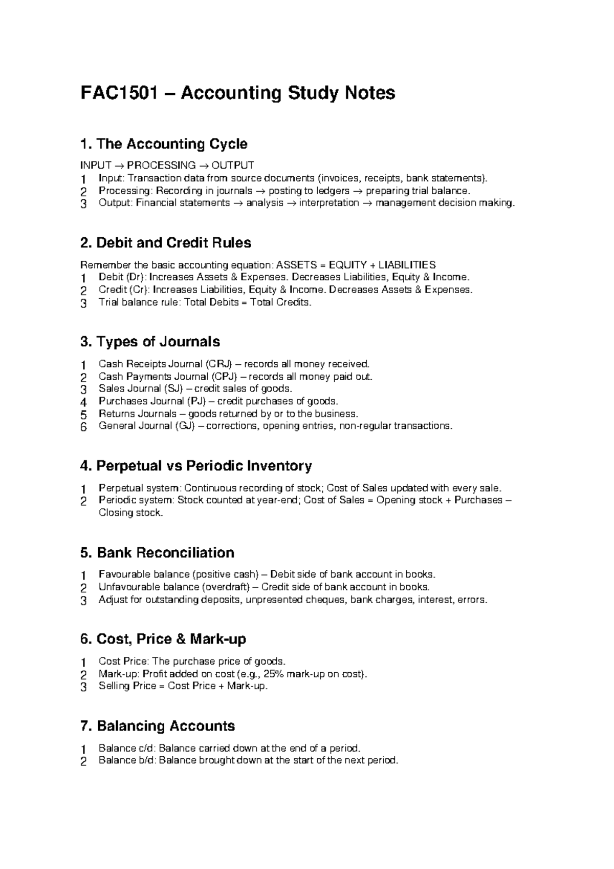 FAC1501 Accounting Study Notes: The Accounting Cycle & Key Concepts ...