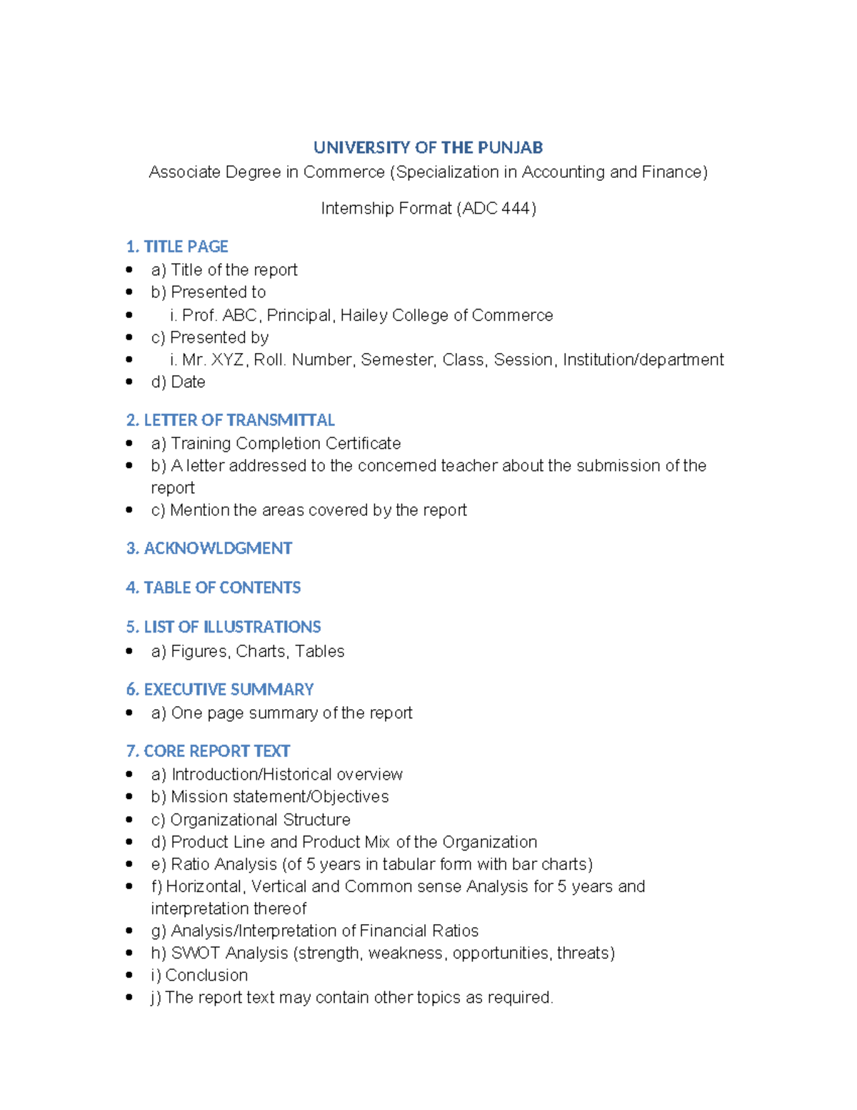 PU Internship Report Format for Associate Degree in Commerce - Studocu
