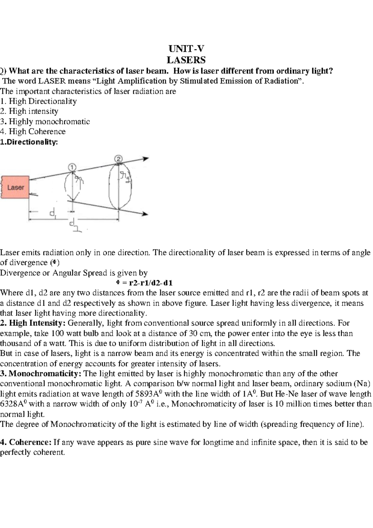 Lasers: Unit V Study Notes on Characteristics and Applications - Studocu