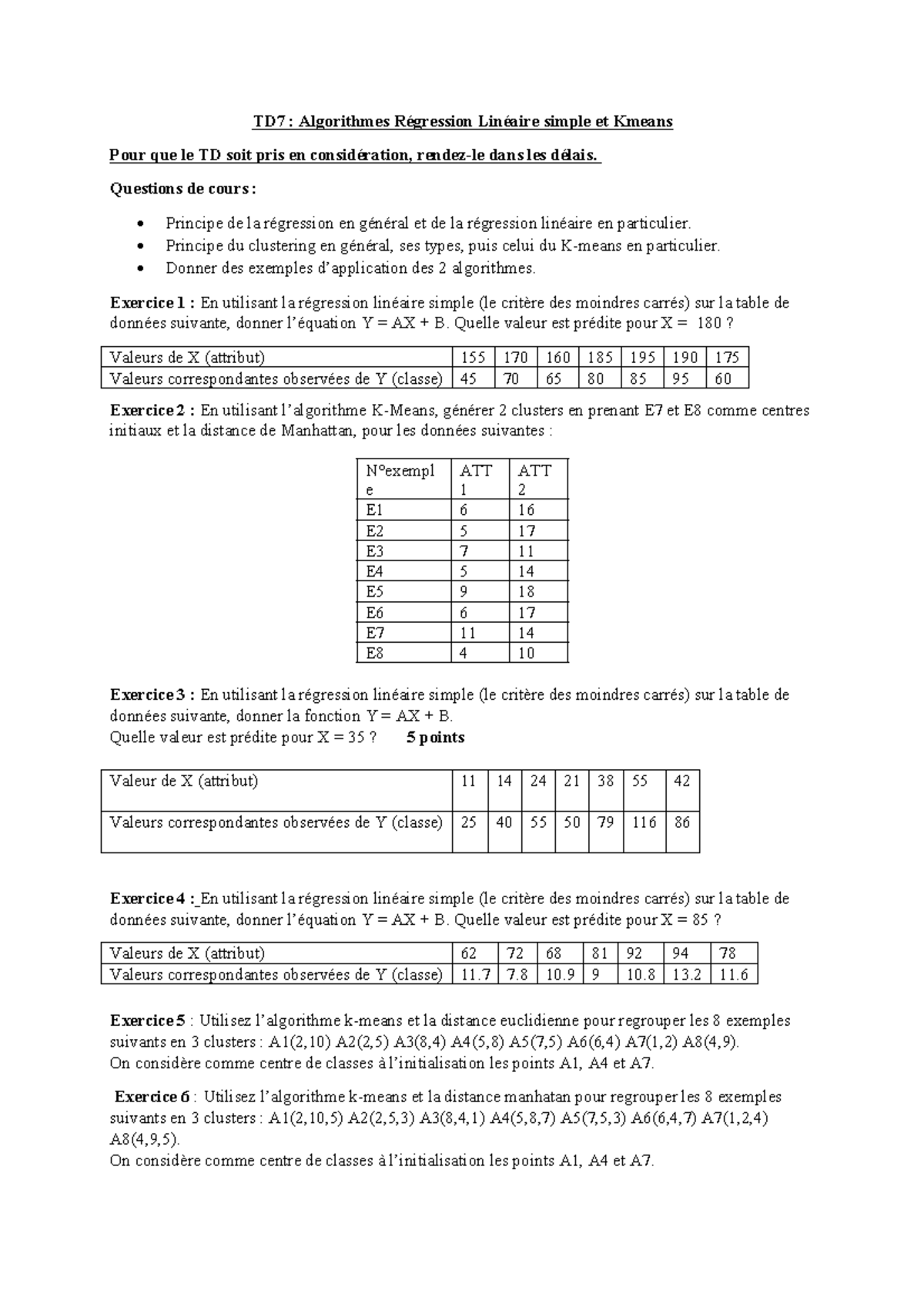 TD7 - Algorithmes de Régression Linéaire et K-means - Studocu