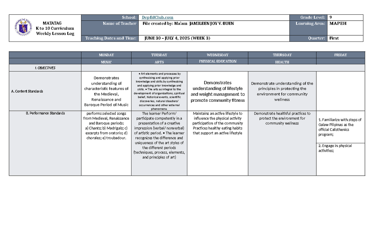 DLL MAPEH 9 Q1 W3 Weekly Lesson Log: Music, Arts, PE, Health - Studocu