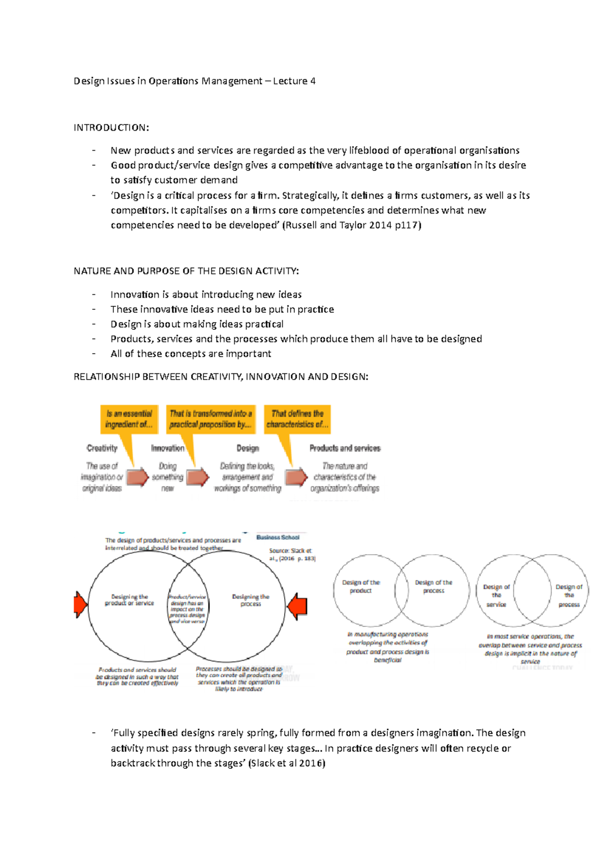Operations Management Design Issues - Lecture 4 Overview - Studocu