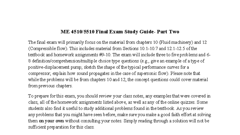 ME 4510/5510 Final Exam Study Guide: Fluid Machinery & Compressible ...