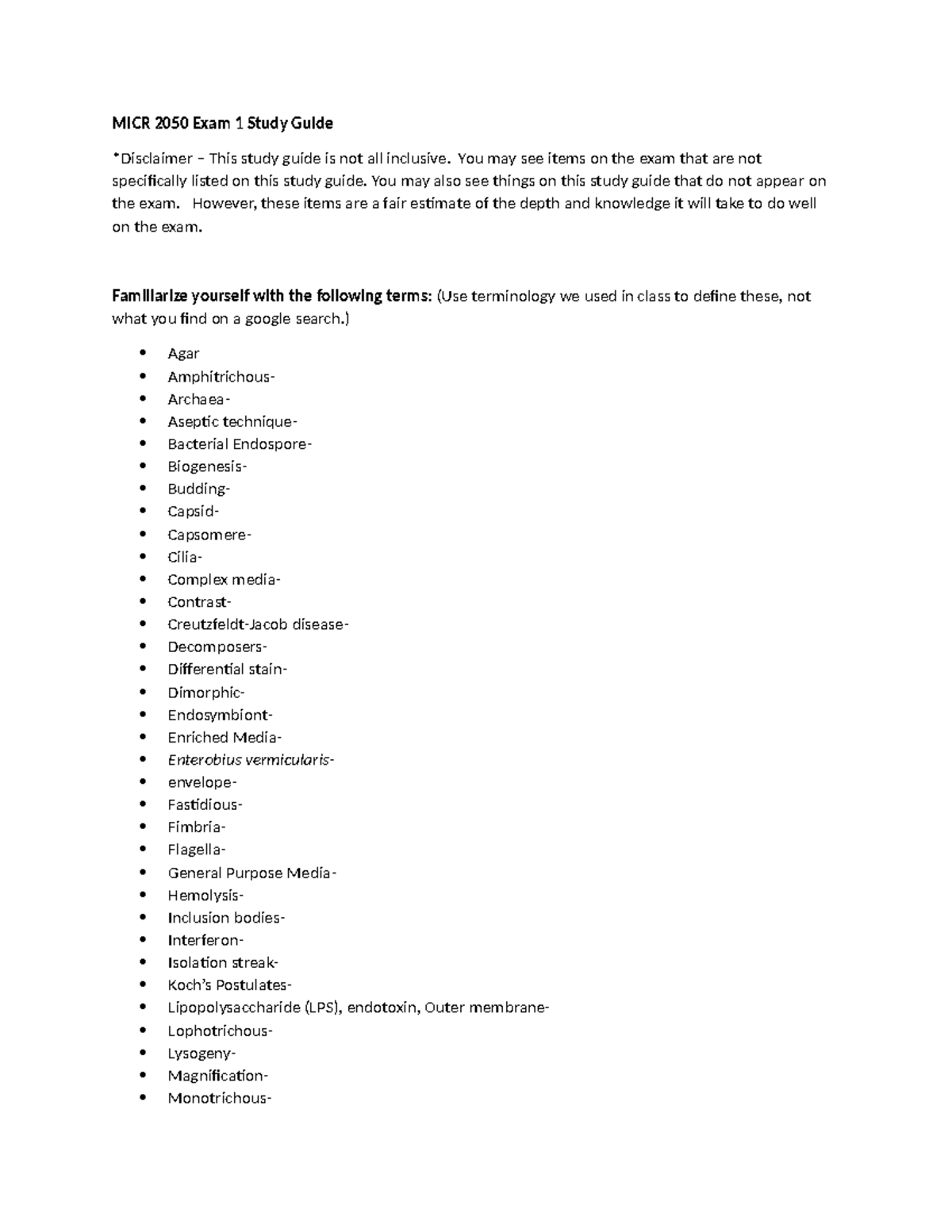 MICR 2050 Exam 1 Study Guide - MICR 2050 Exam 1 Study Guide *Disclaimer ...