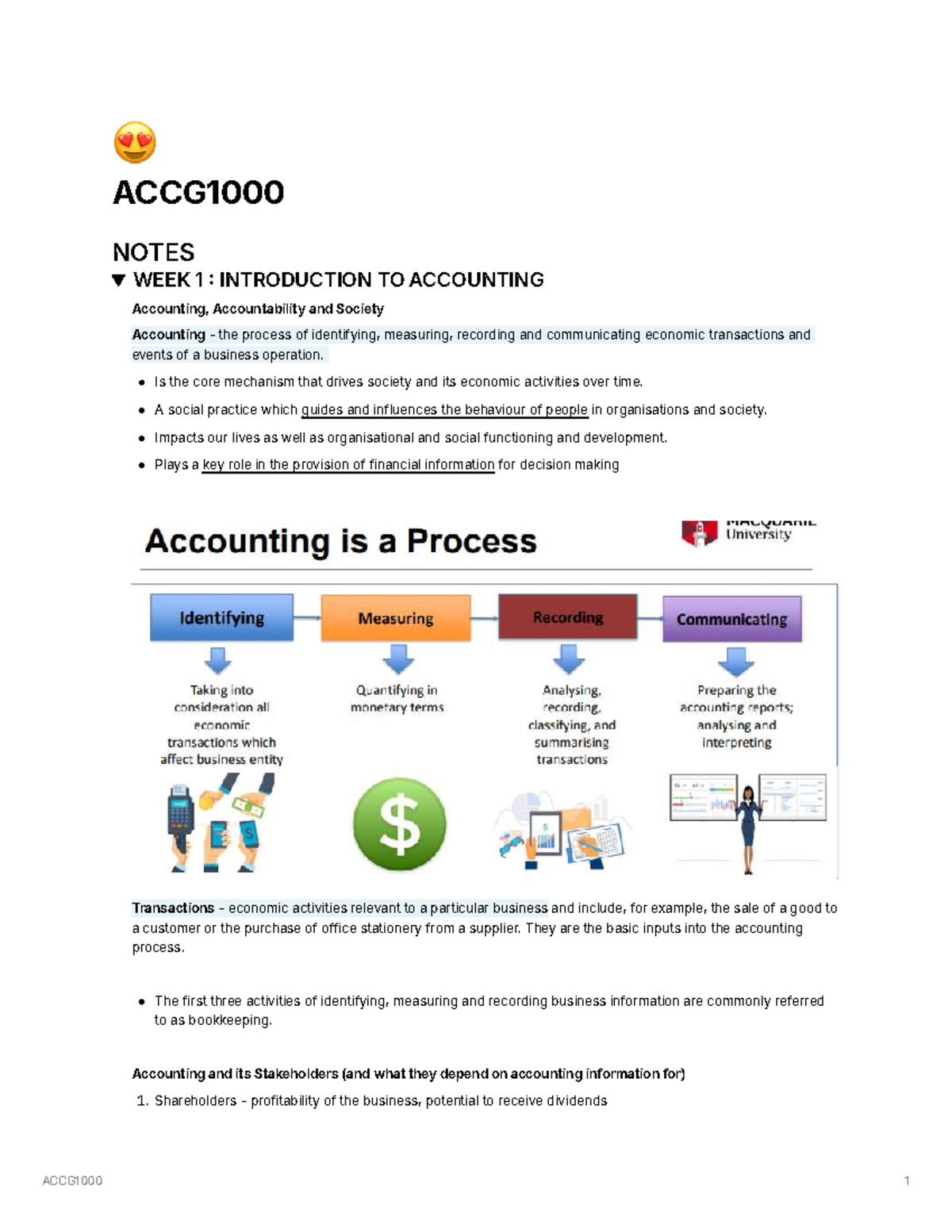ACCG1000 Week 1-4 Notes: Intro to Accounting & Ethics - Studocu