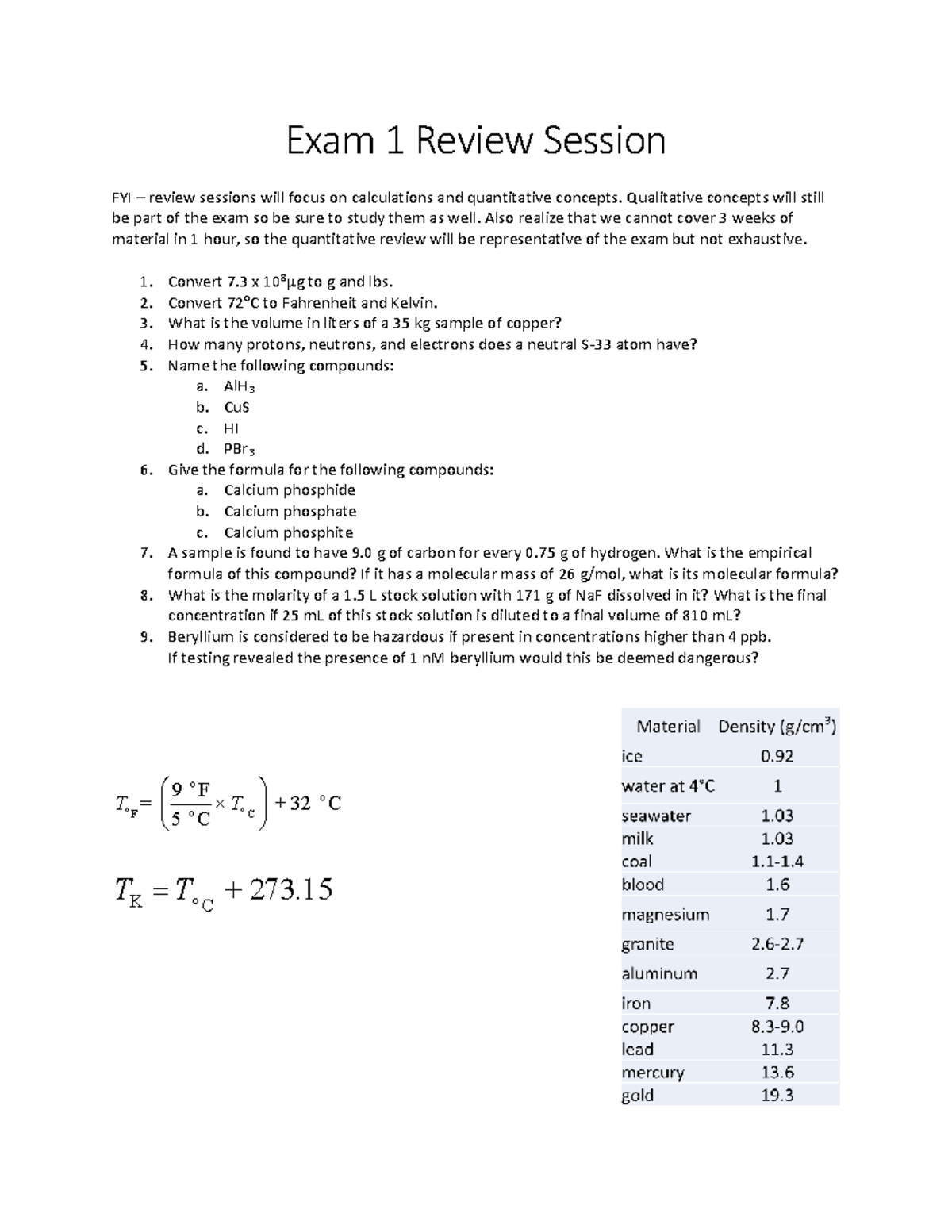 Exam 1 Review Session: Key Calculations & Concepts Overview - Studocu