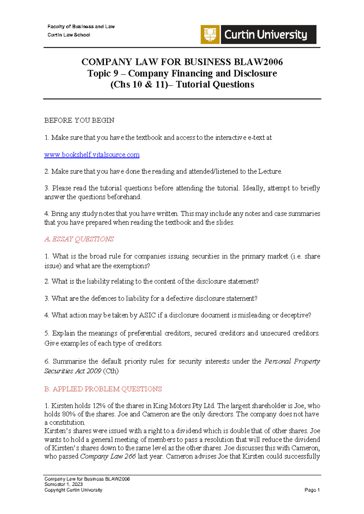 BLAW2006 Company Law for Business Topic 9 Tutorial Questions & Answers ...